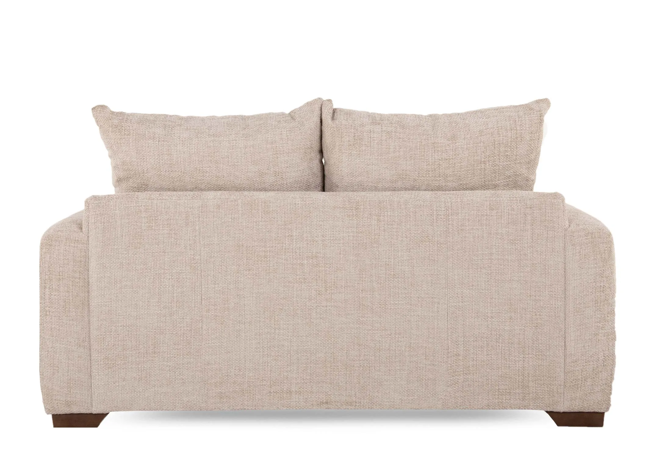 A beige fabric 2 seater sofa from EZ Livings Aurora range. Back view of warrantied frame