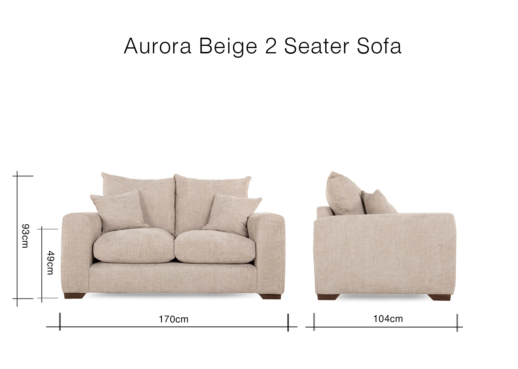 A dimension image of the Aurora 2 Seater sofa with 170cm x 104cm x 93cm