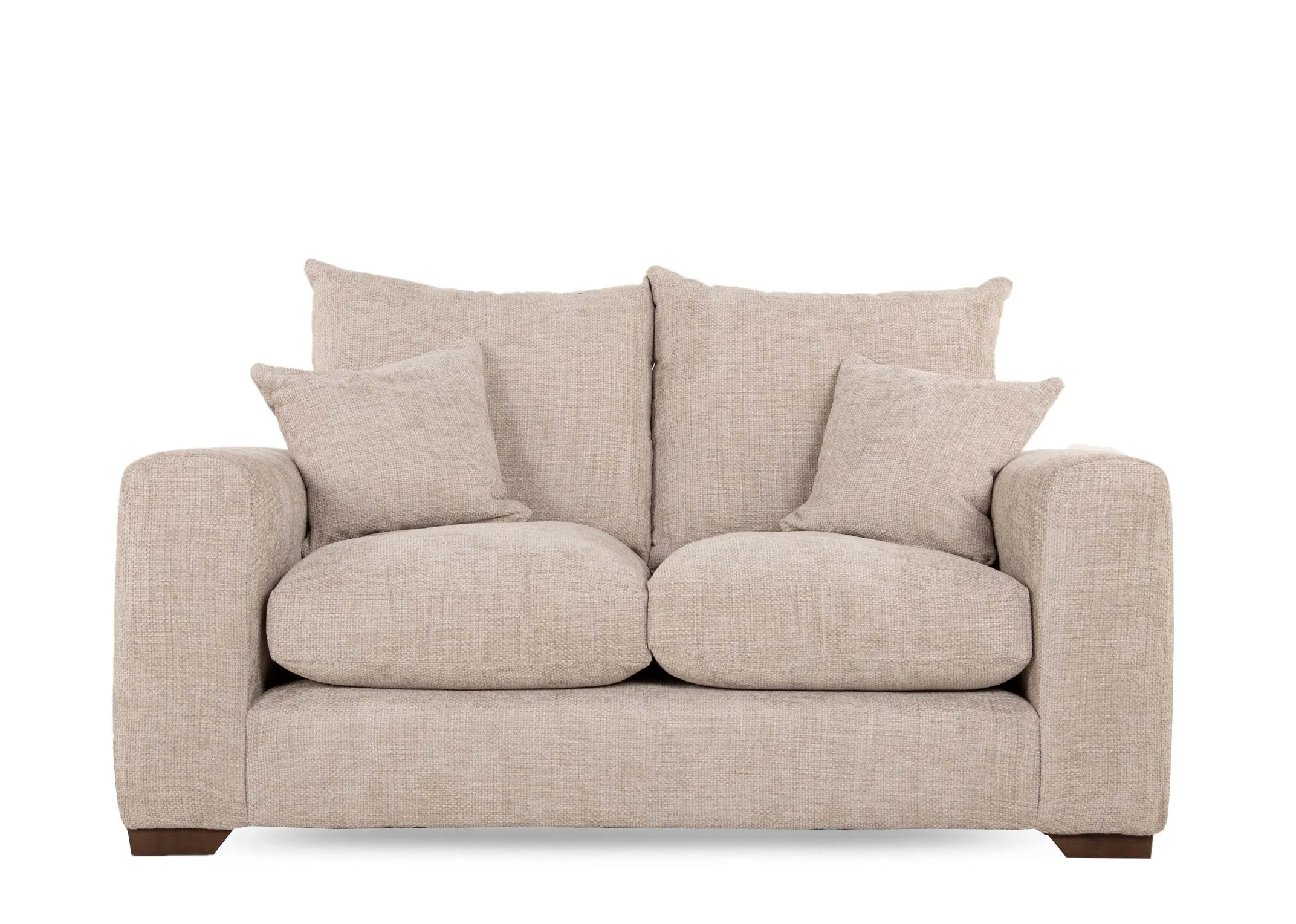A beige fabric 2 seater sofa from EZ Livings Aurora range. Front view of 2 scatter cushions