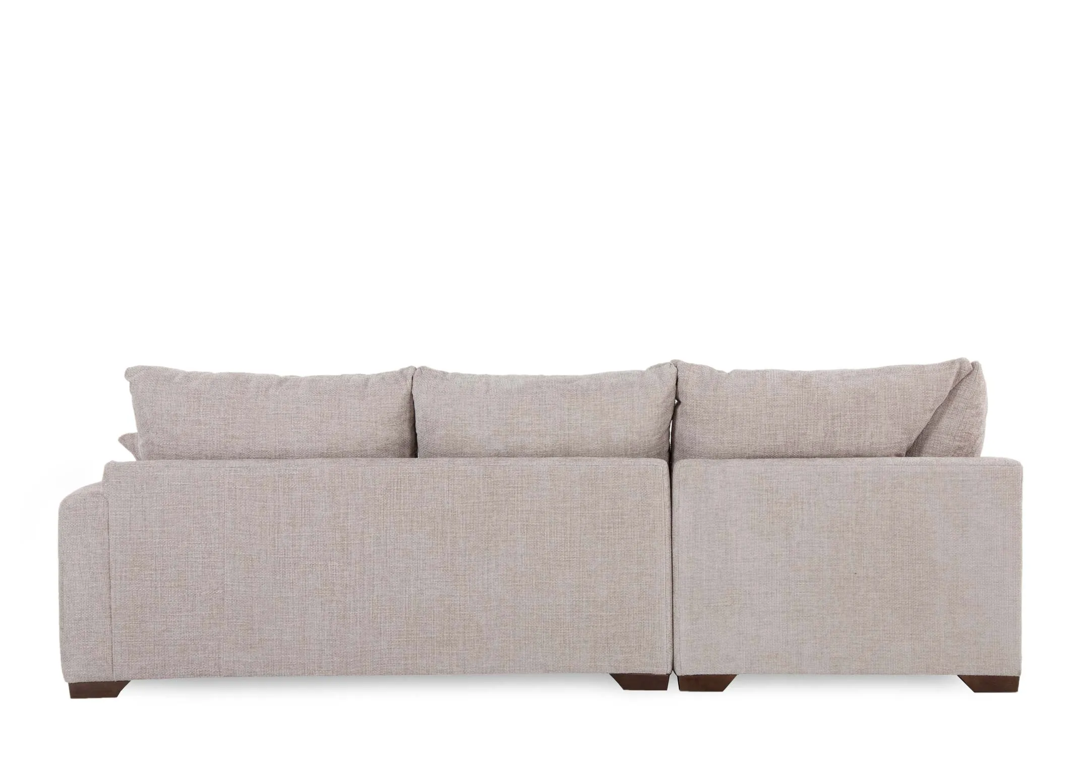 A beige fabric corner sofa with lhf lounger from EZ Livings Aurora range. Back view of warrantied frame