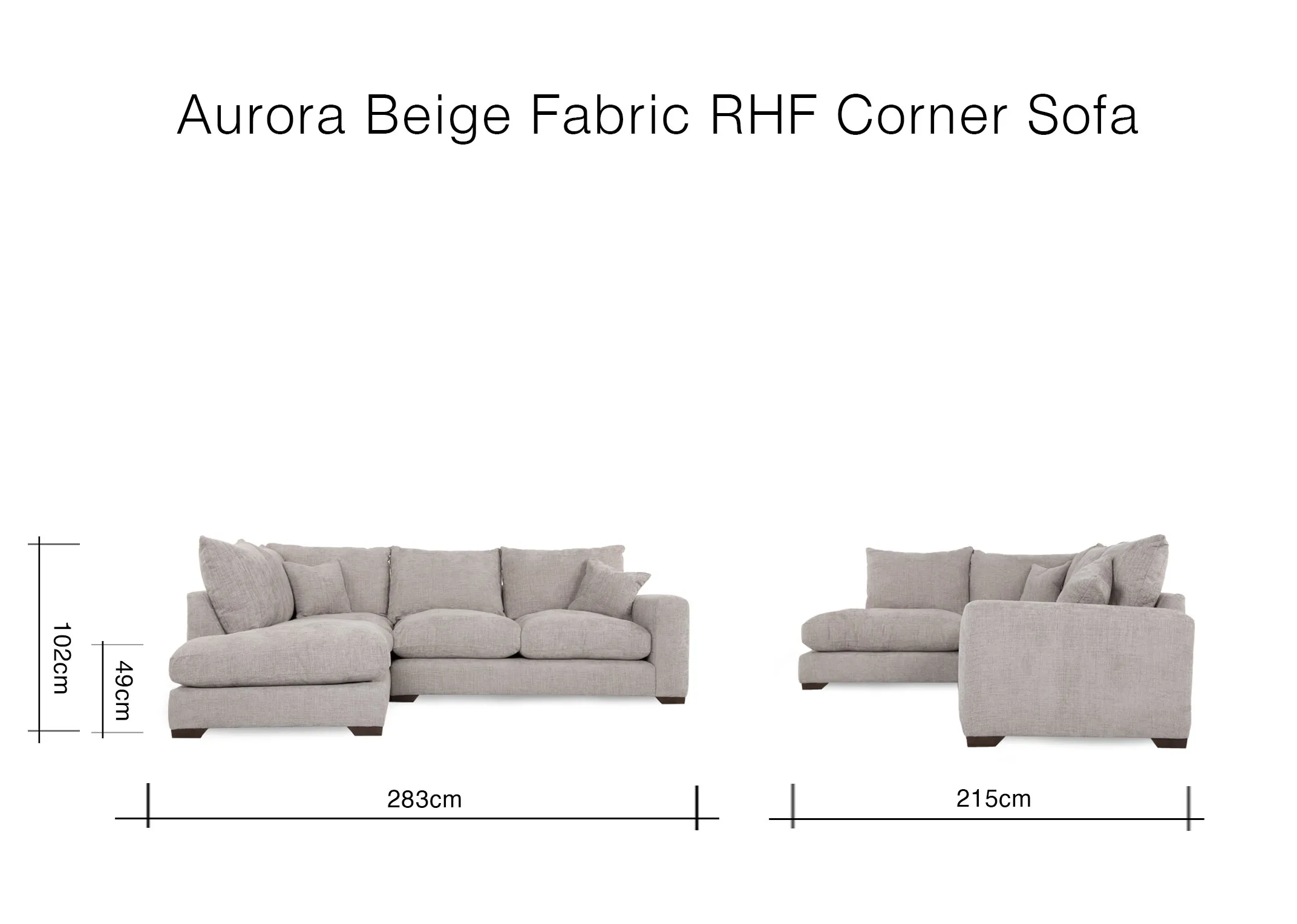 A dimension image of the Aurora Beige Corner Sofa with 283cm x 215cm x 102cm