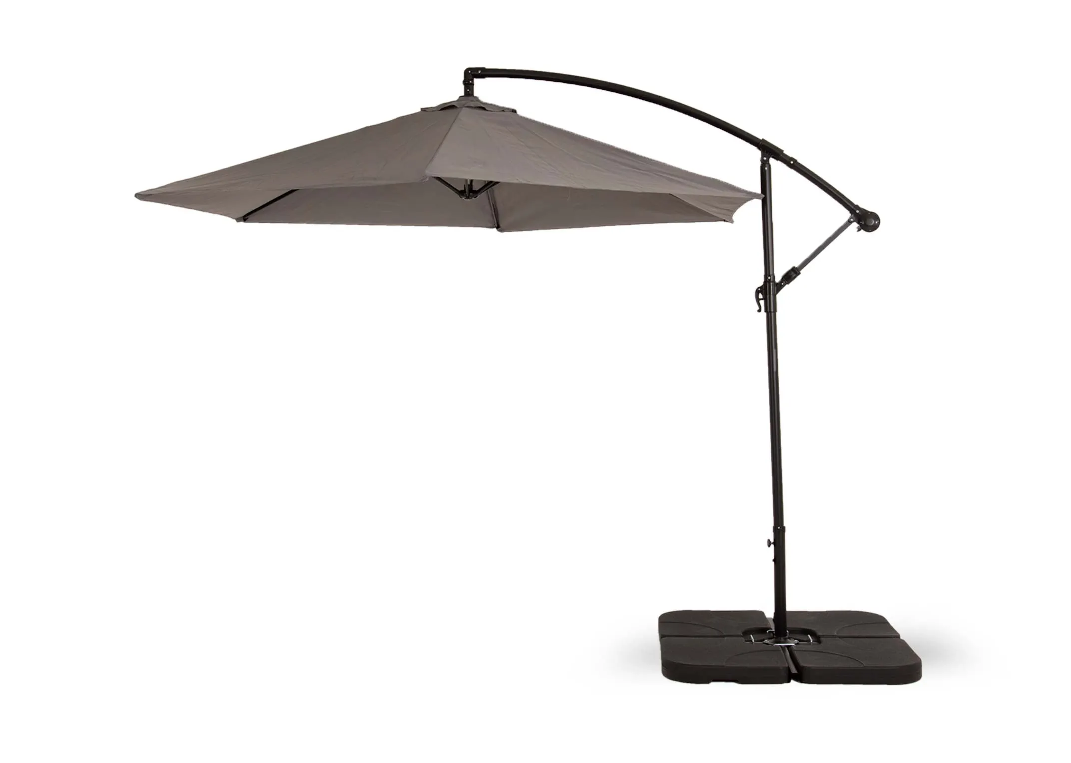 A large grey hangining outdoor parasol attached to base from EZ Livings Murcia range. Angled view of umbrella open
