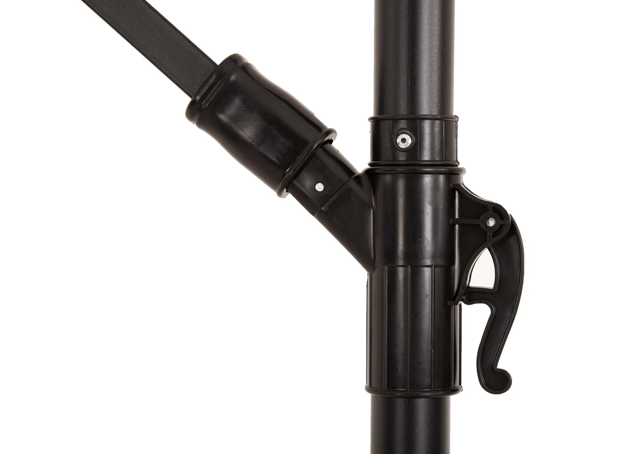 A large grey hangining outdoor parasol attached to base from EZ Livings Murcia range. Closeup of lever/lock