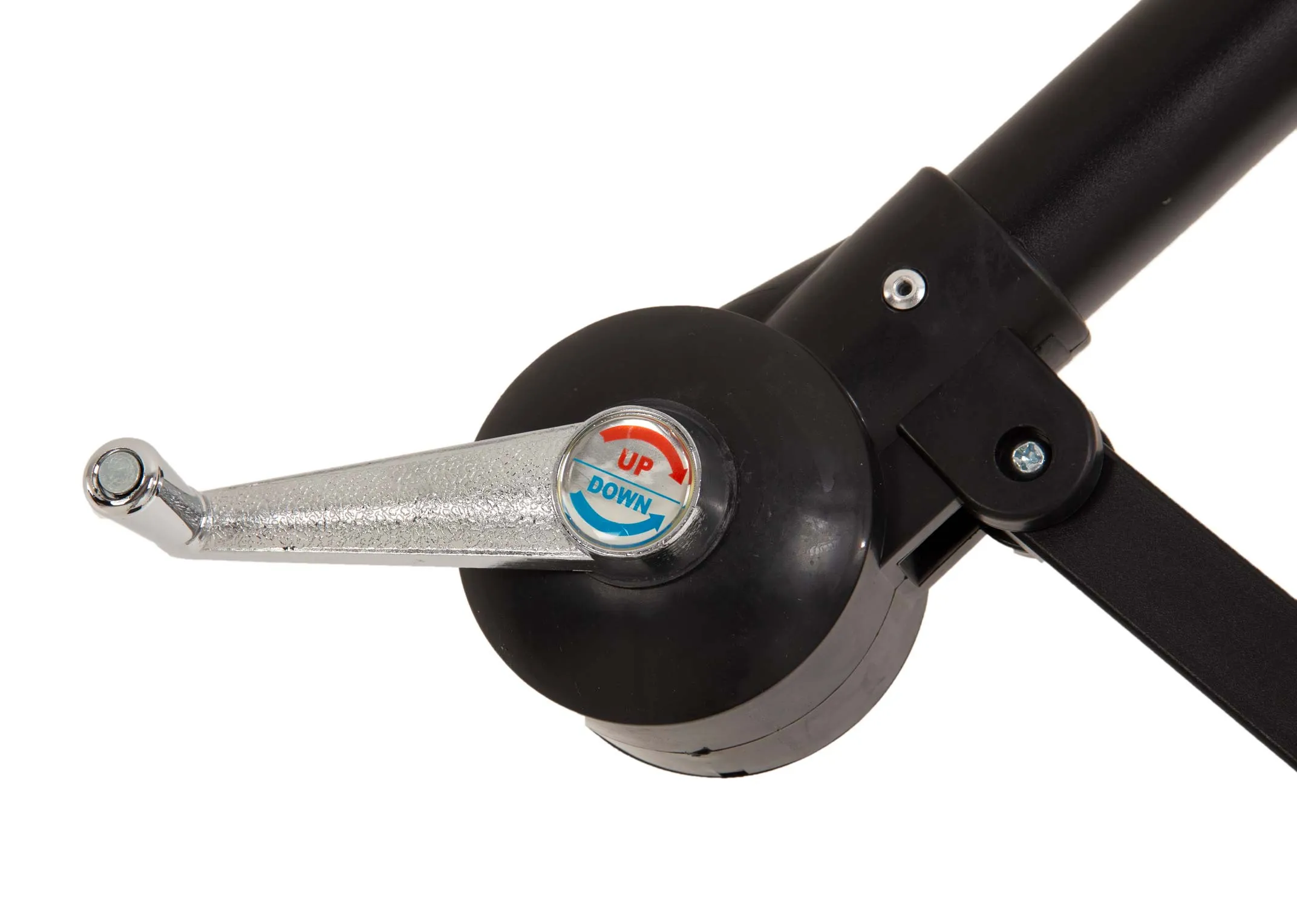 A large grey hangining outdoor parasol attached to base from EZ Livings Murcia range. Closeup of lever to move shade