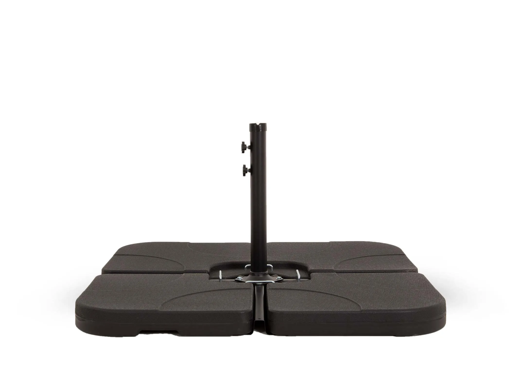 A large grey hangining outdoor parasol attached to base from EZ Livings Murcia range. Closeup of sturdy base