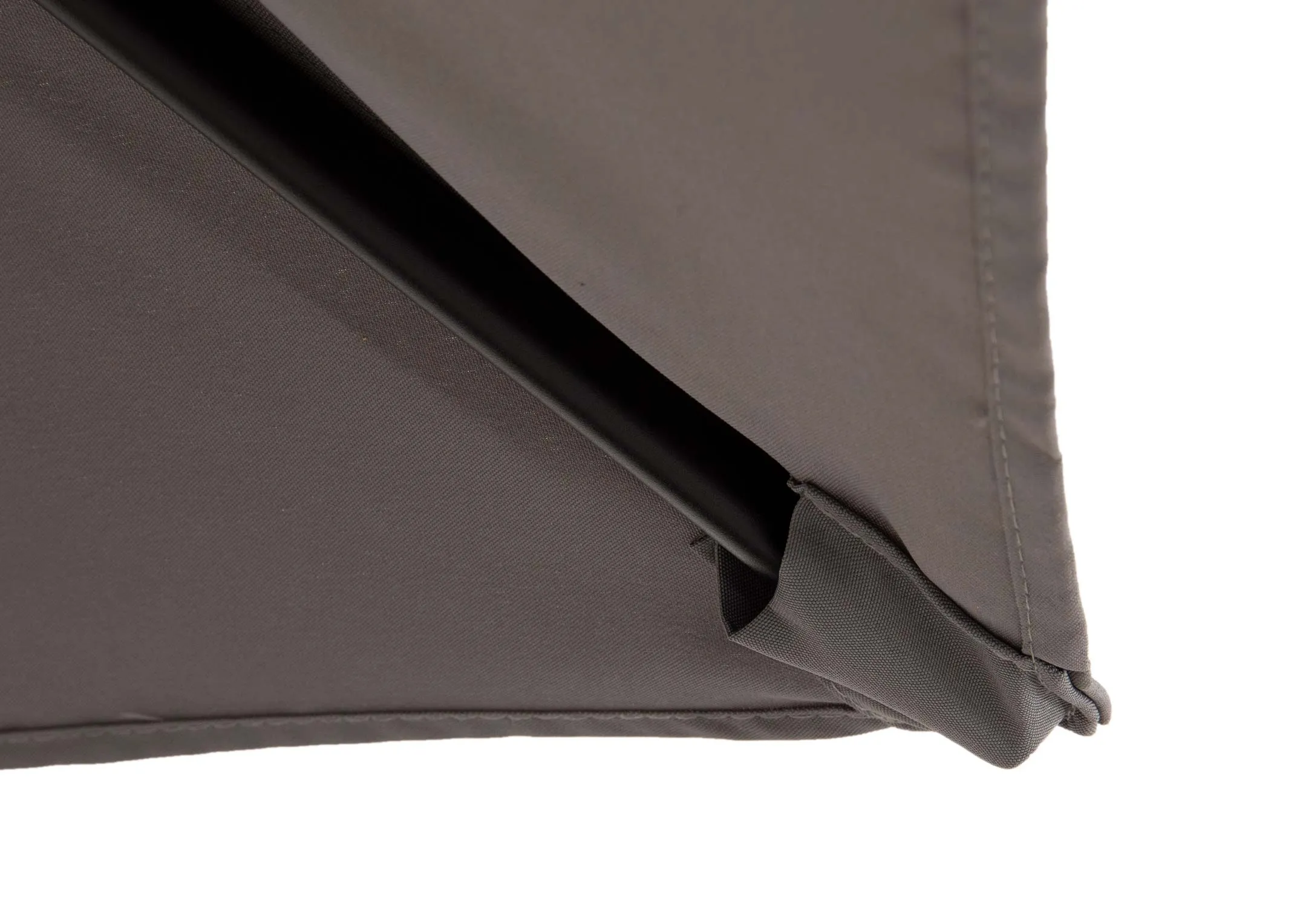 A large grey hangining outdoor parasol attached to base from EZ Livings Murcia range. Closeup of anthracite fabric