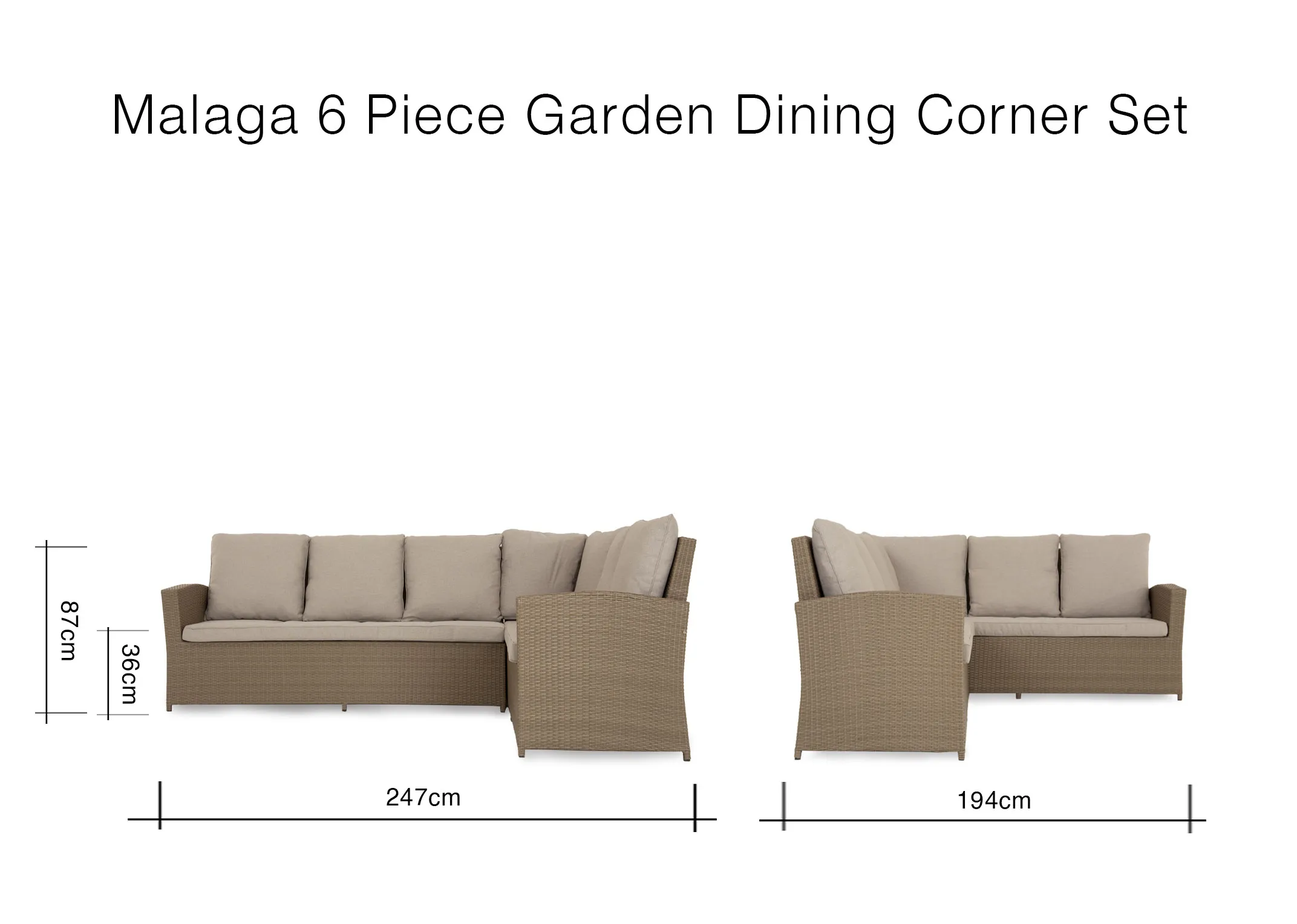 A dimension image of the Malage 6 Piece Garden Corner Set with 247cm x 194cm x 36cm SH x 87cm H