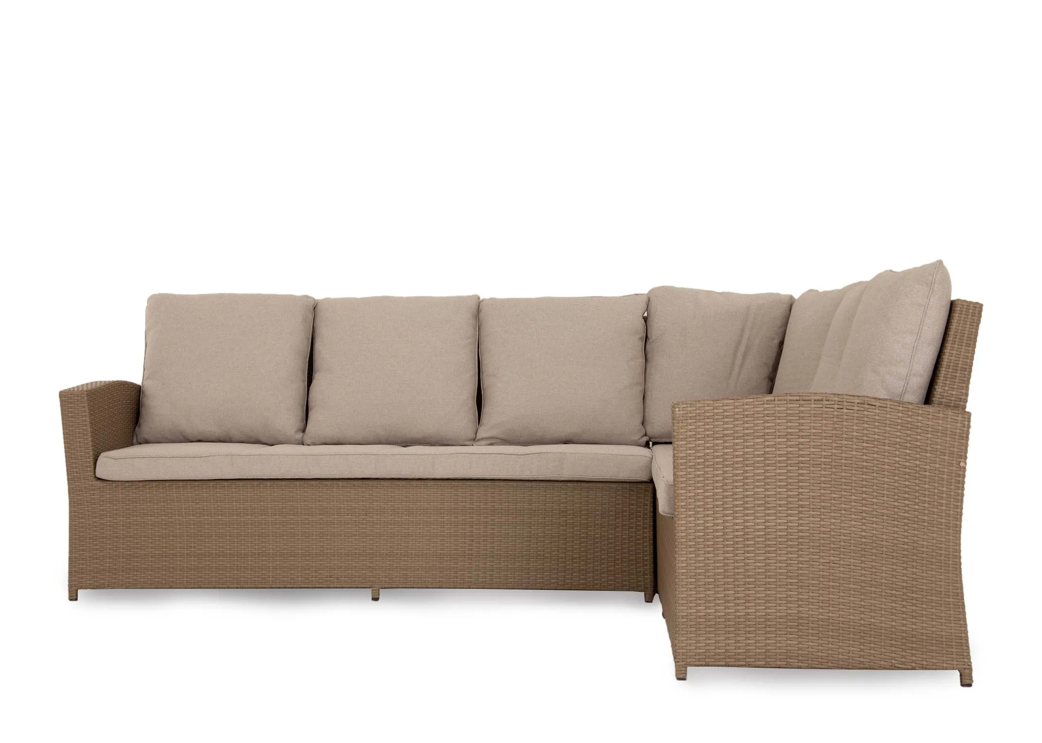 A front view of the light brown rattan stool with removeable beige cushion from EZ Livings Malaga Garden range.