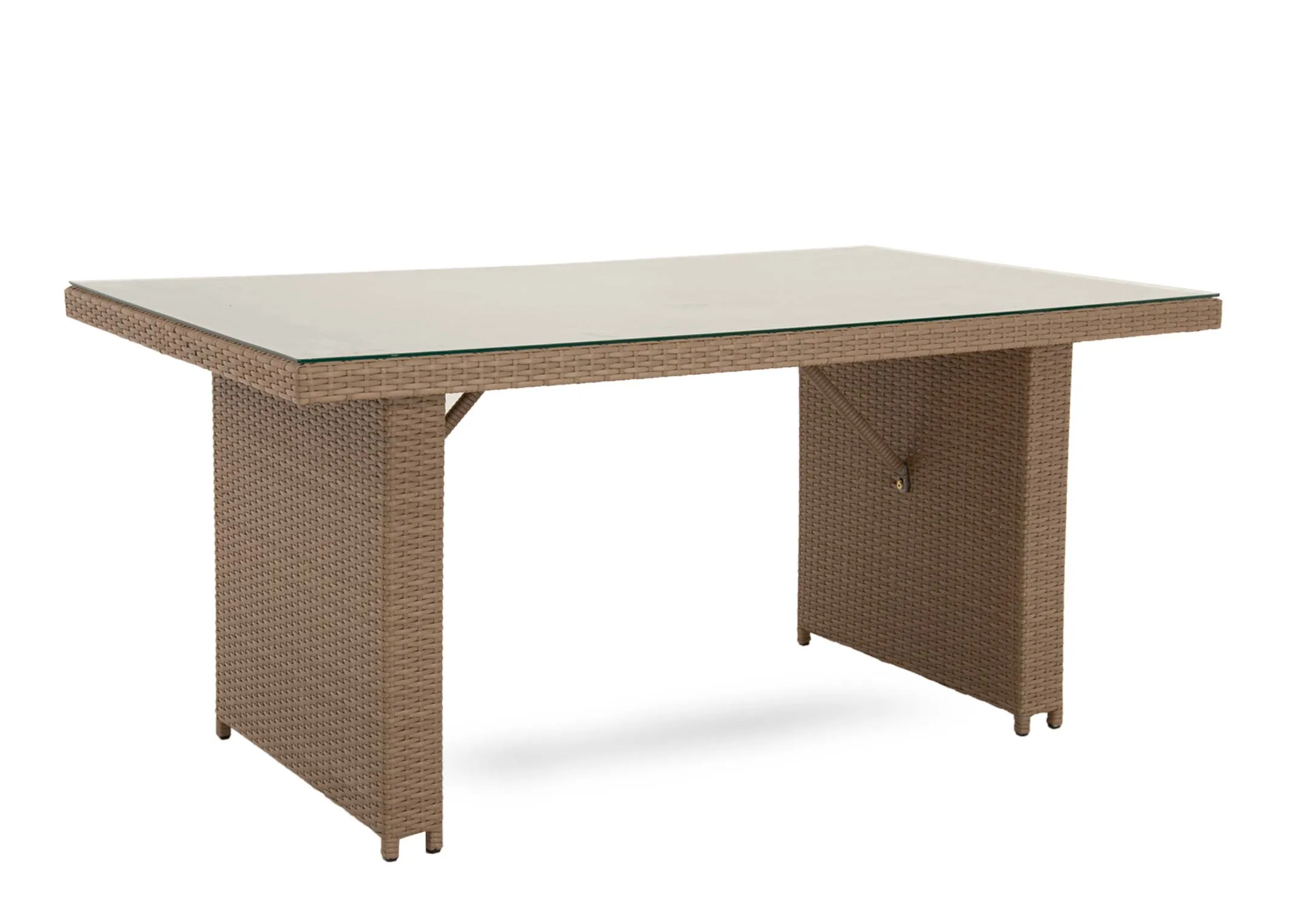 A front view of the light brown rattan corner sofa set with beige cushions from EZ Livings Malaga Garden range. Angled view of table and 3 stools