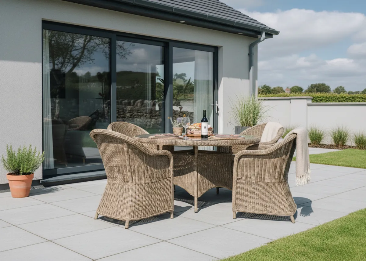 A lifestyle closeup image of the Seville Round dining table with 4 chairs on a patio with a breakfast setting.