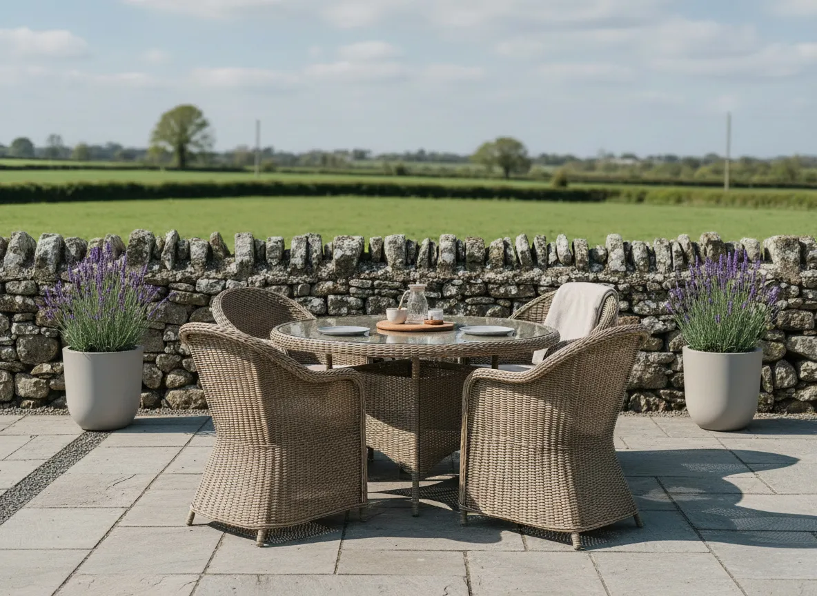 A lifestyle closeup image of the Seville Round dining table with 4 chairs on a patio with a breakfast setting.