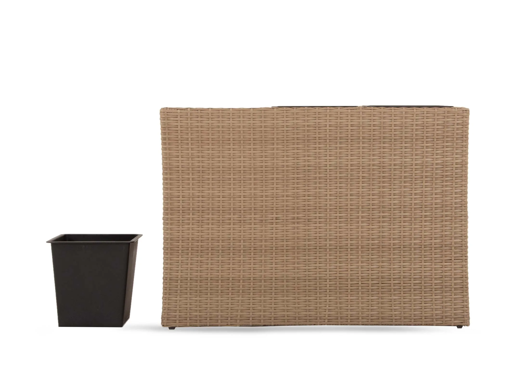 A 3 pot light brown wicker planter from EZ Livings Cadiz range. Front view of stand with pot removed