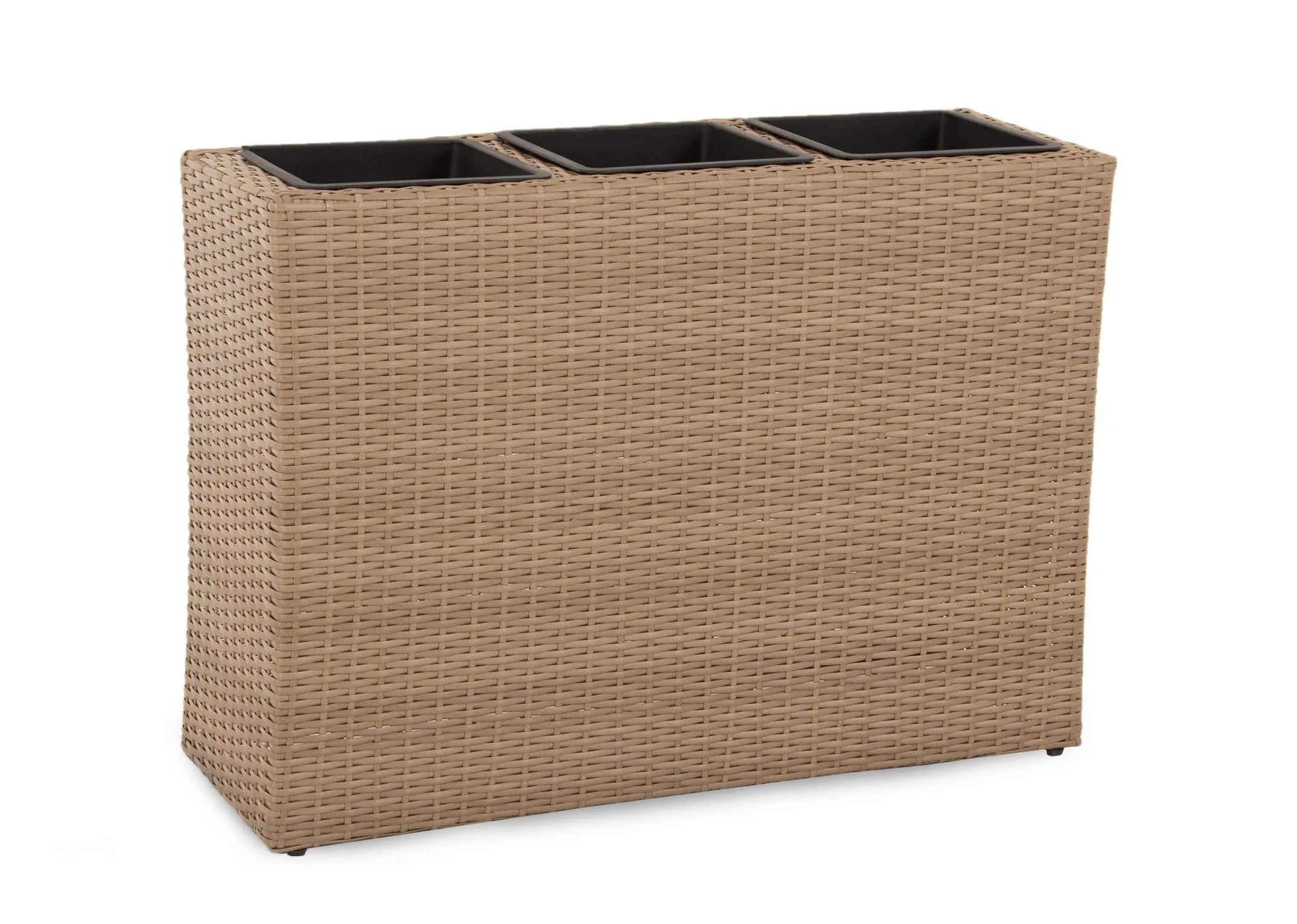A 3 pot light brown wicker planter from EZ Livings Cadiz range. Angled view of wide wicker stand with 3 black inserts