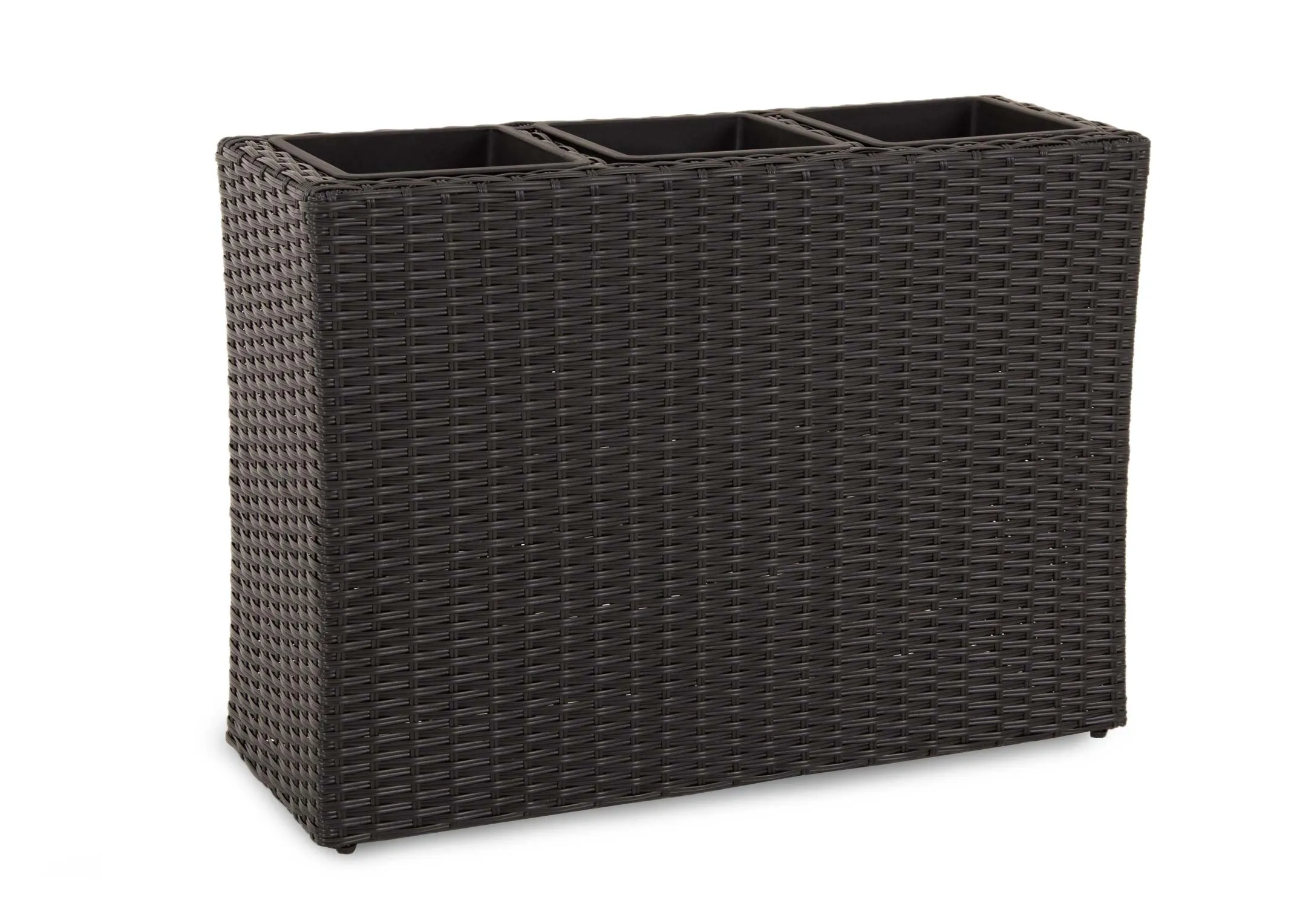 A 4 pot black wicker planter from EZ Livings Cadiz range. Angled view of large wide