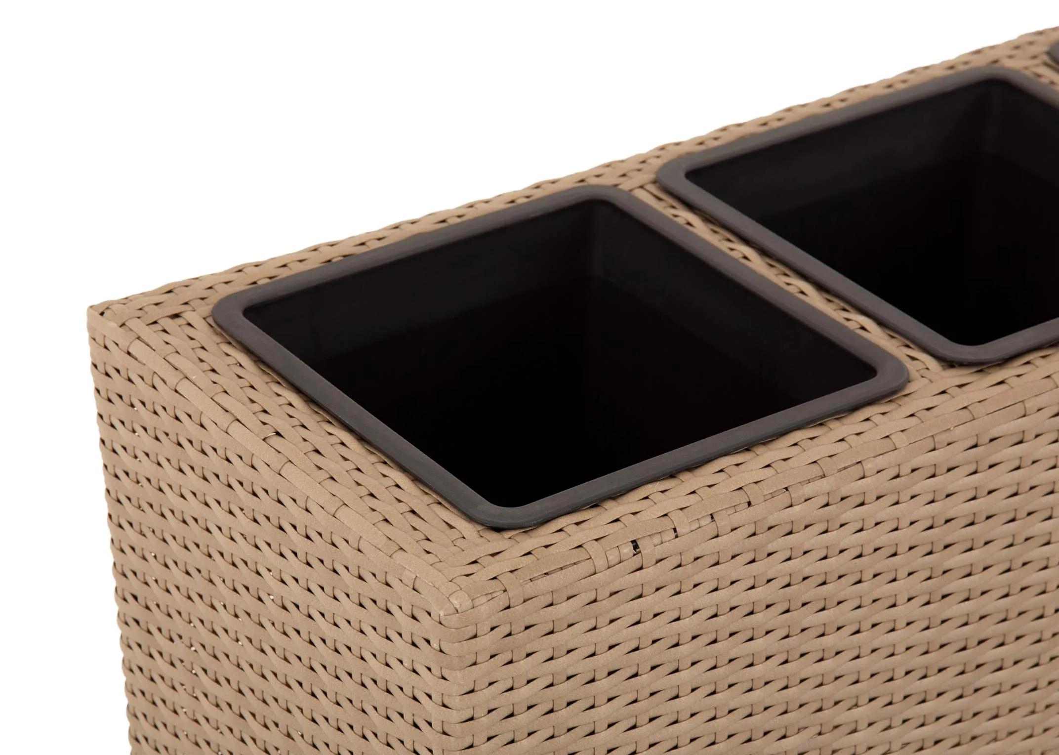 A4 pot light brown wicker planter from EZ Livings Cadiz range. Closeup of black pot inserts