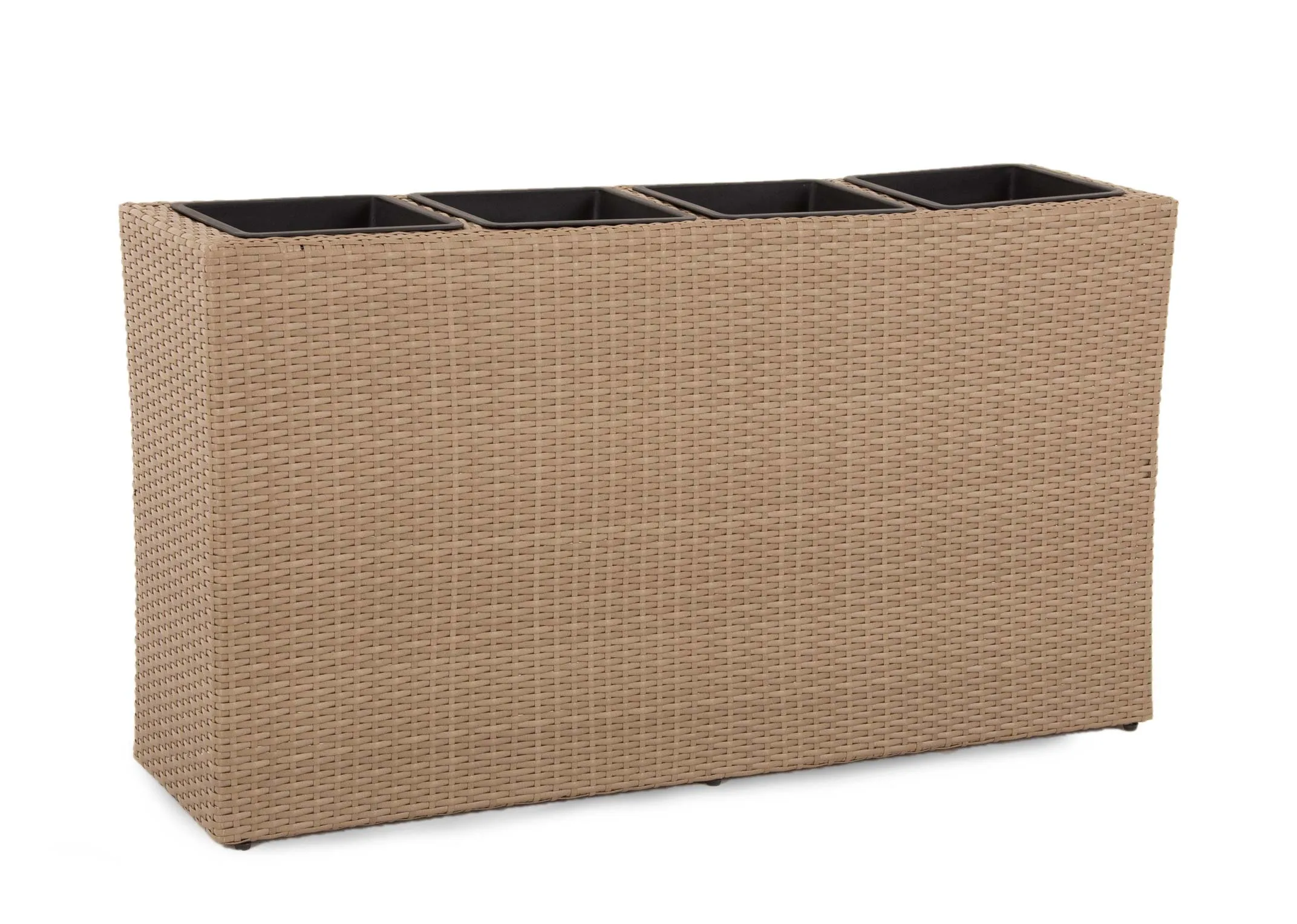A 4 pot light brown wicker planter from EZ Livings Cadiz range. Angled view of wicker stand with 4 black plastic inserts.