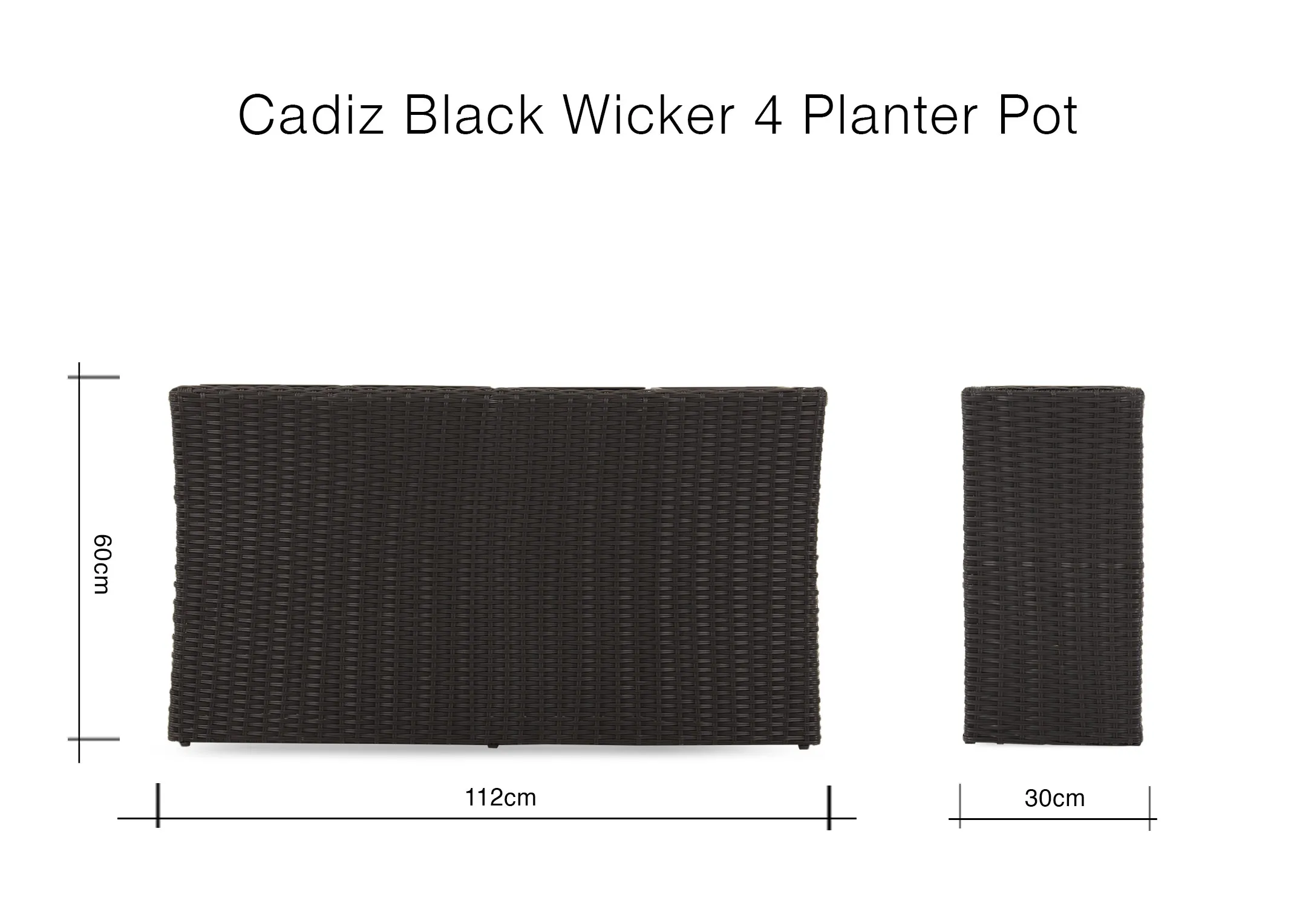 A dimension image of the Cadiz Black 4 Pot Planter with 112cm x 30cm x 60cm