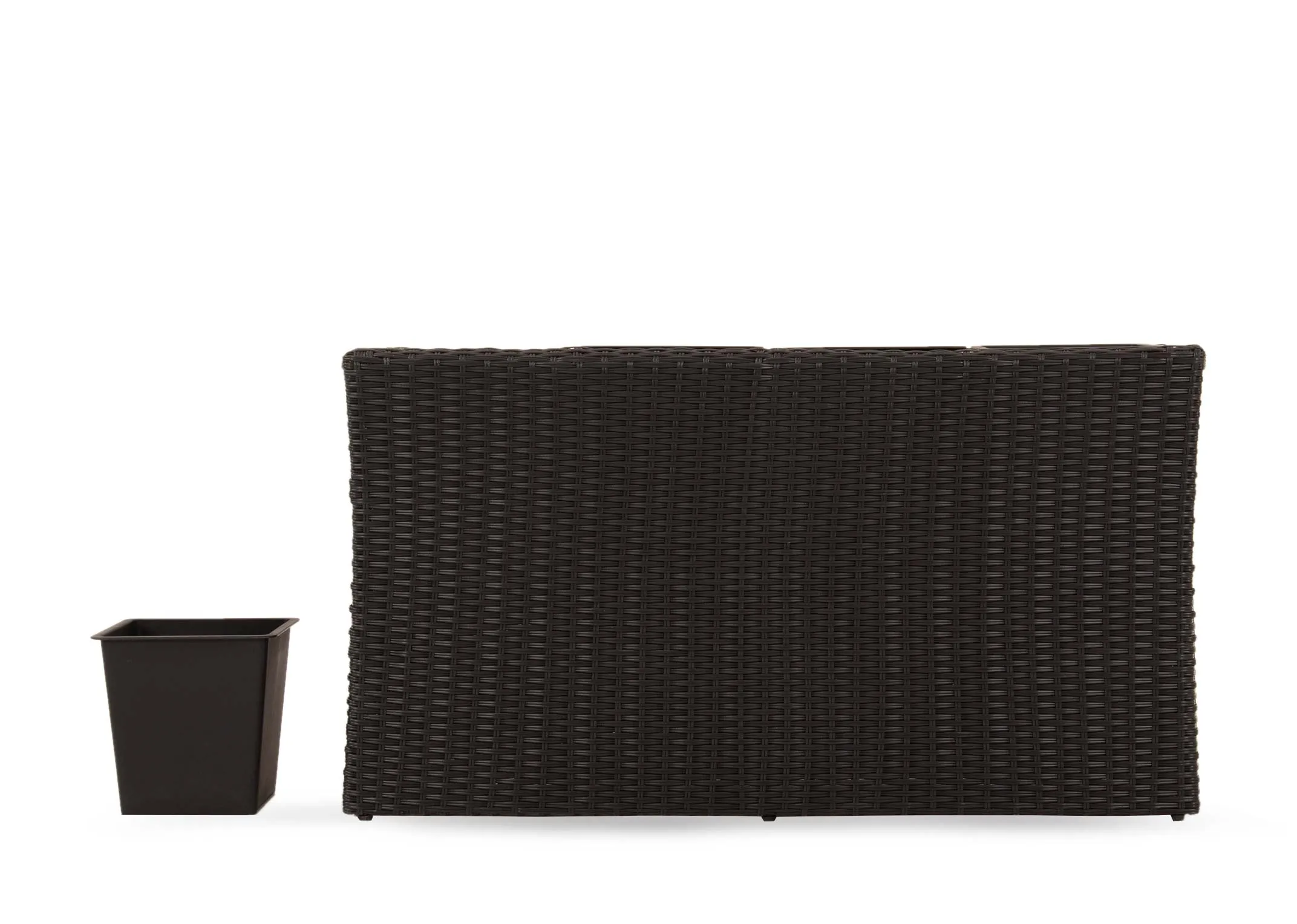 A 4 pot black wicker planter from EZ Livings Cadiz range. Front view of planter with insert removed