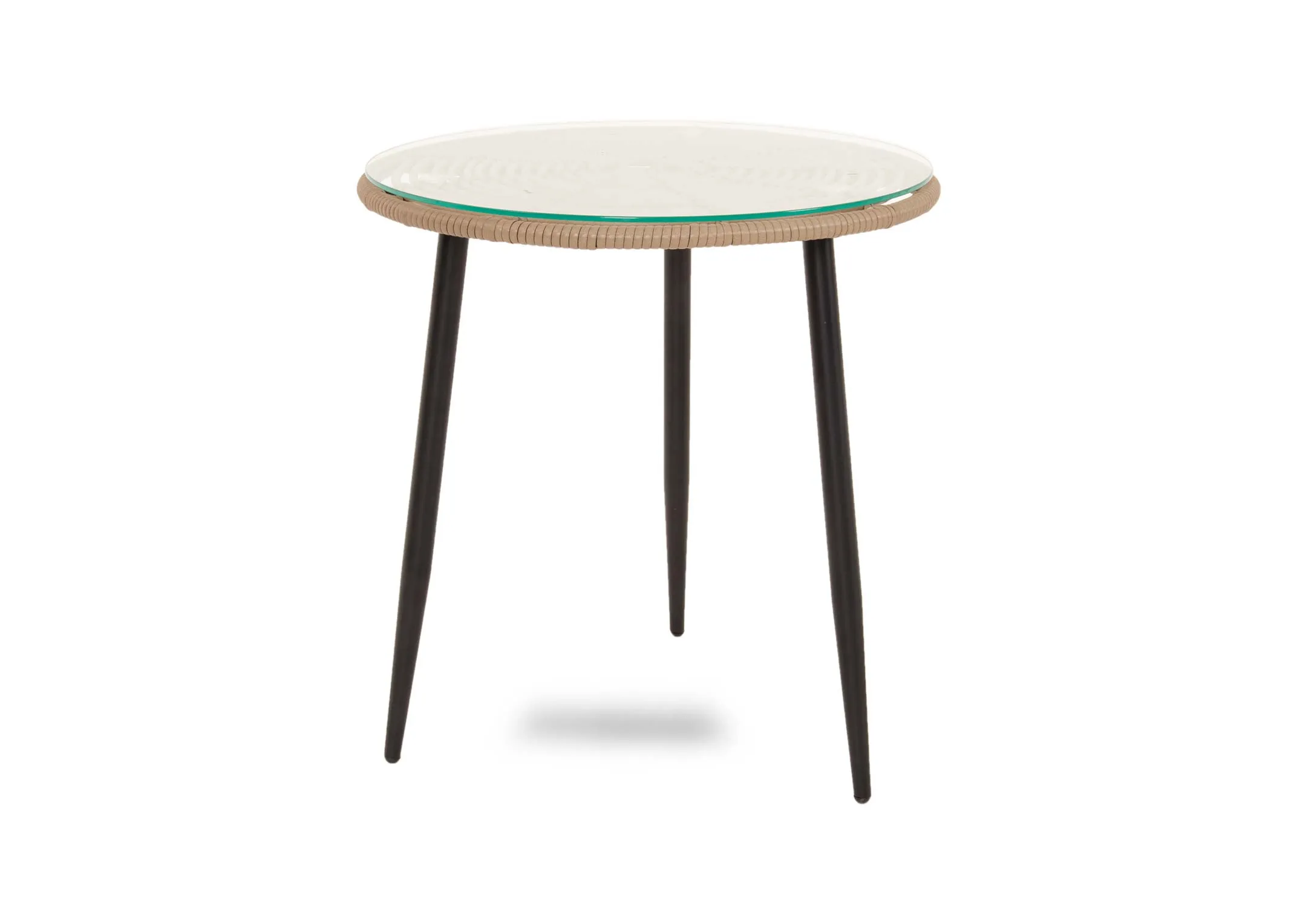 A bistro set with 2 wicker chairs and a small glass table from EZ Livings Menorca range. Angled view of small table