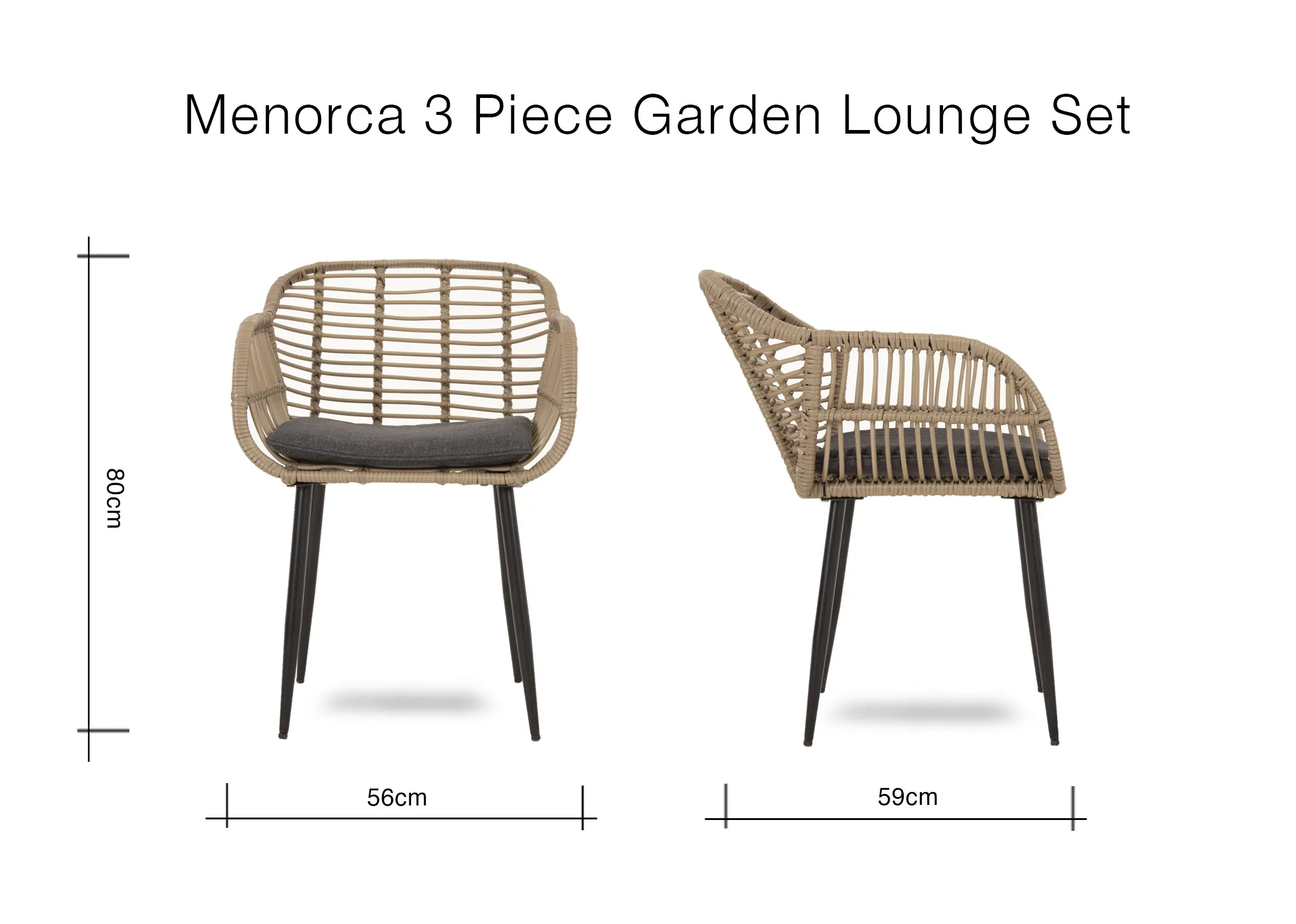 A dimension image of the Menorca 3 Piece Garden Lounge Set with 56cm x 59cm x 80cm 