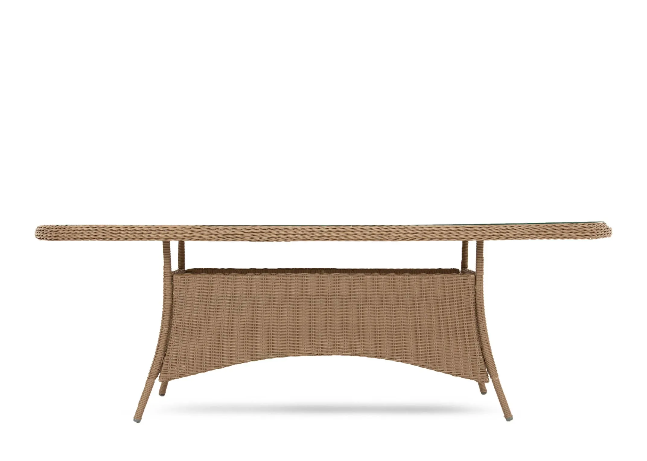 A glass top oval rattan garden dining table from EZ Livings Seville range. Closeup of glass table top