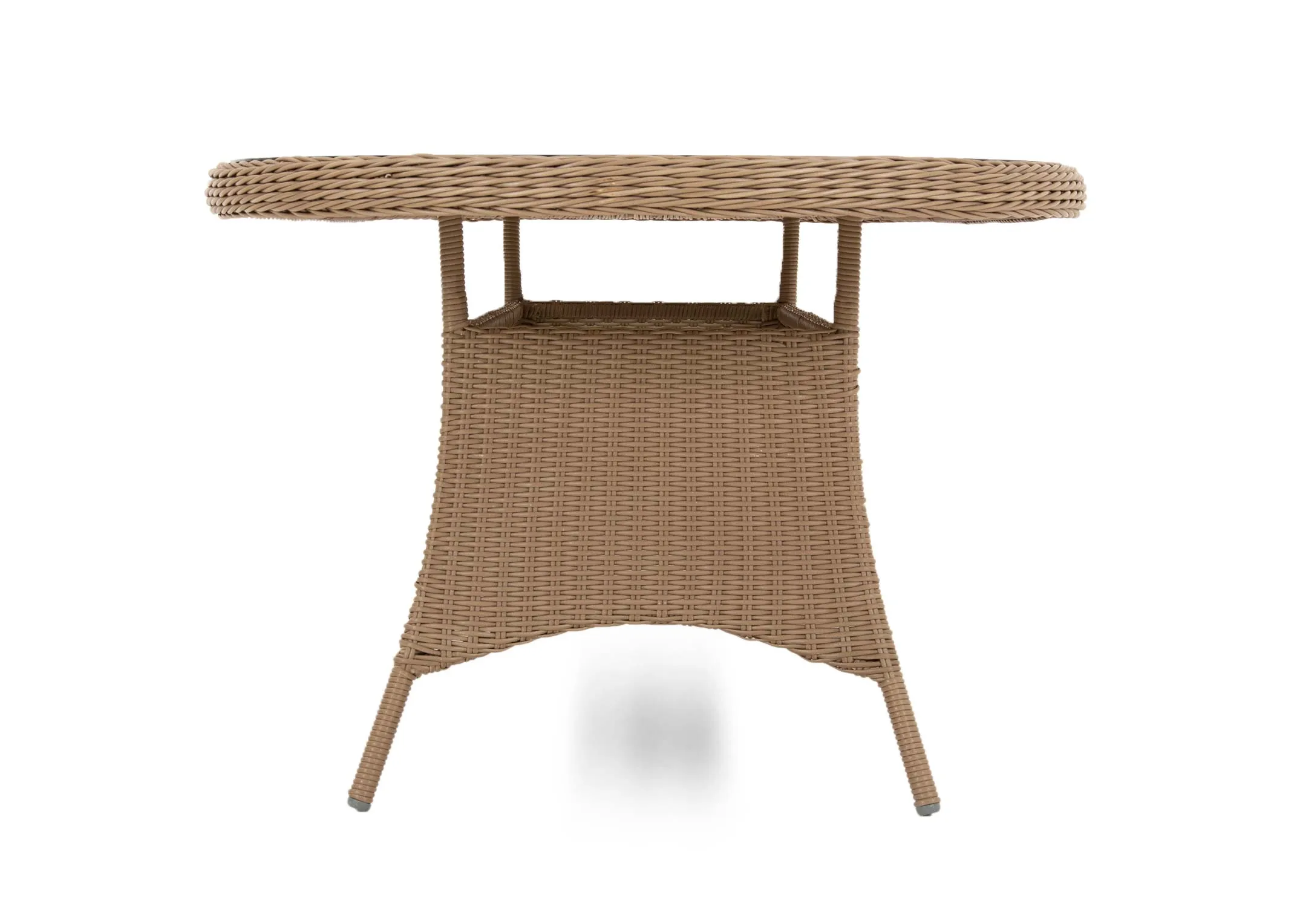 A glass top oval rattan garden dining table from EZ Livings Seville range. Closeup on hole in centre to accomodate parasol 
