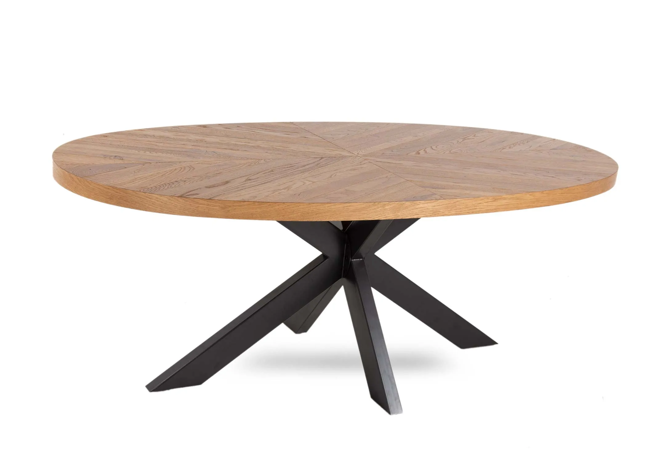 A rustic oak oval dining table from EZ Living Furnitures Ellipse range. Angled view of the textured wood top