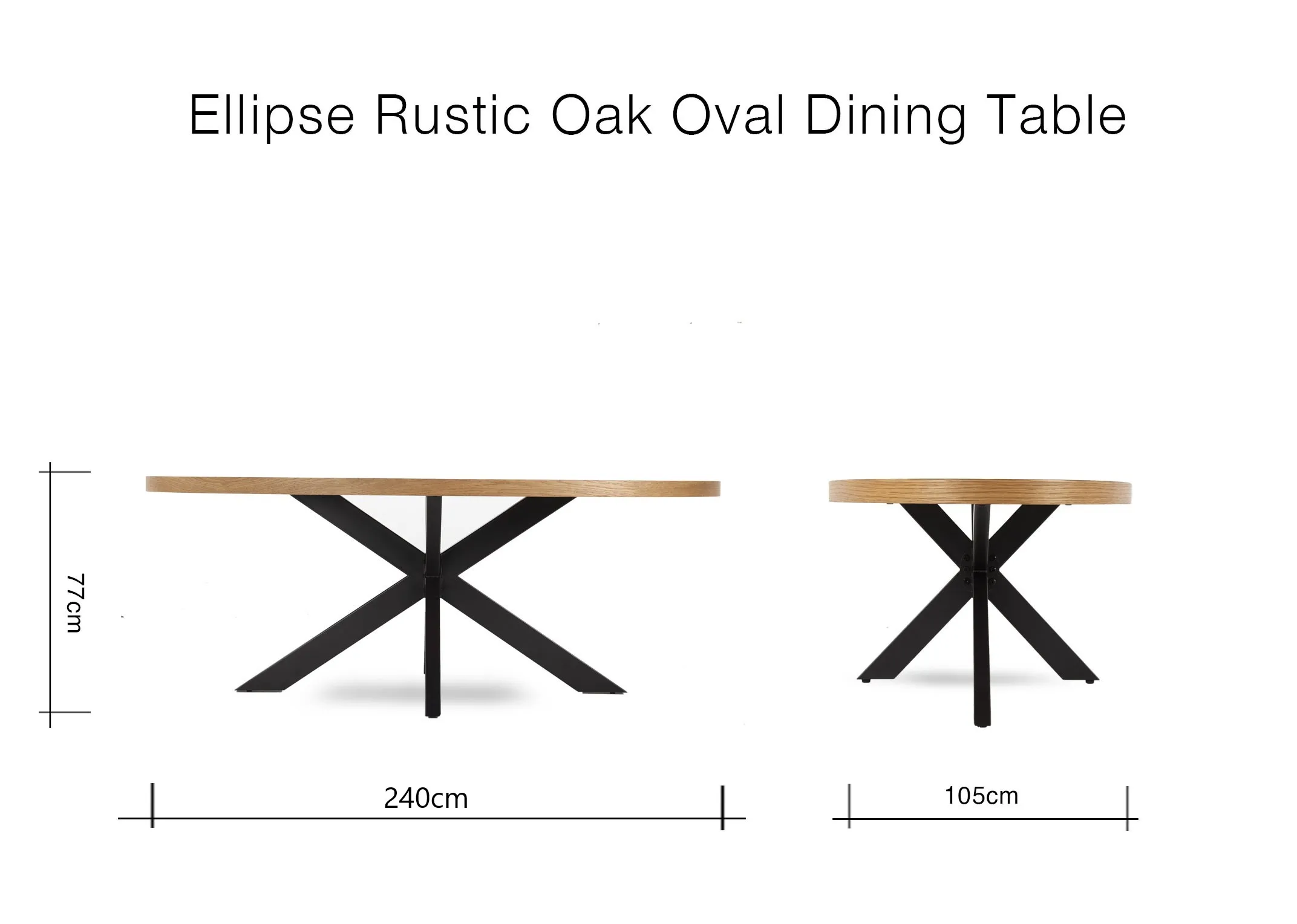 A dimension image of the Ellipse Rustic Oak Dining Table with 240cm W x 105cm D x 77cm H