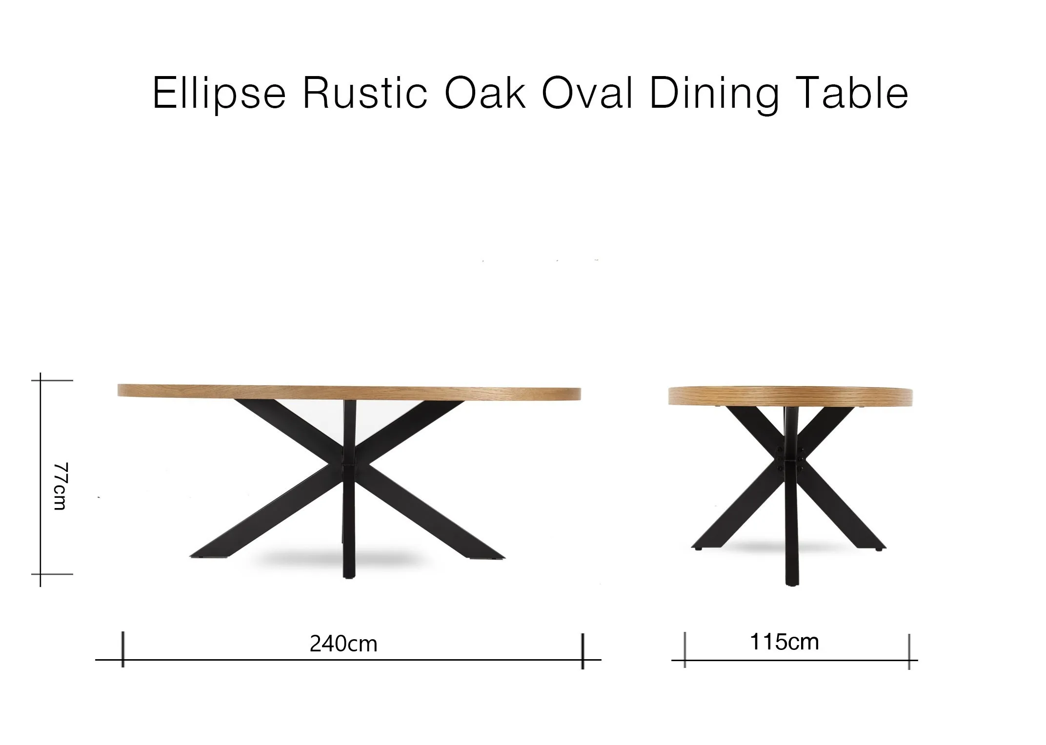 A dimension image of the Ellipse Rustic Oak Dining Table with 240cm W x 115cm D x 77cm H