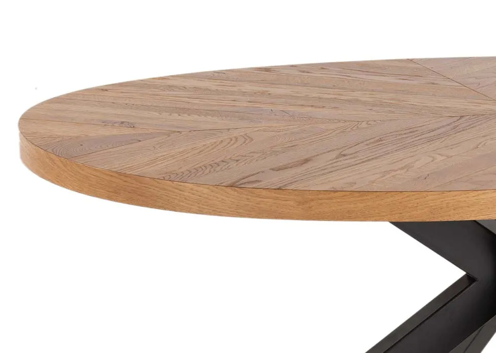 A rustic oak oval dining table from EZ Living Furnitures Ellipse range. Closeup of wood texture.