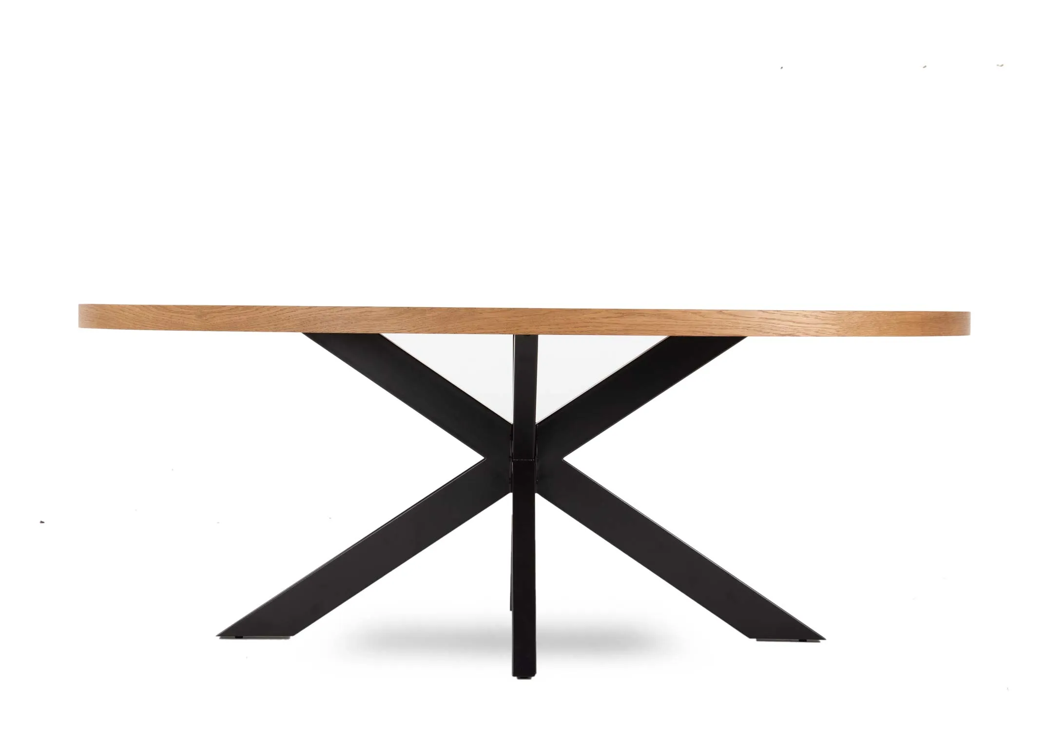 A rustic oak oval dining table from EZ Living Furnitures Ellipse range. Front view of full table length