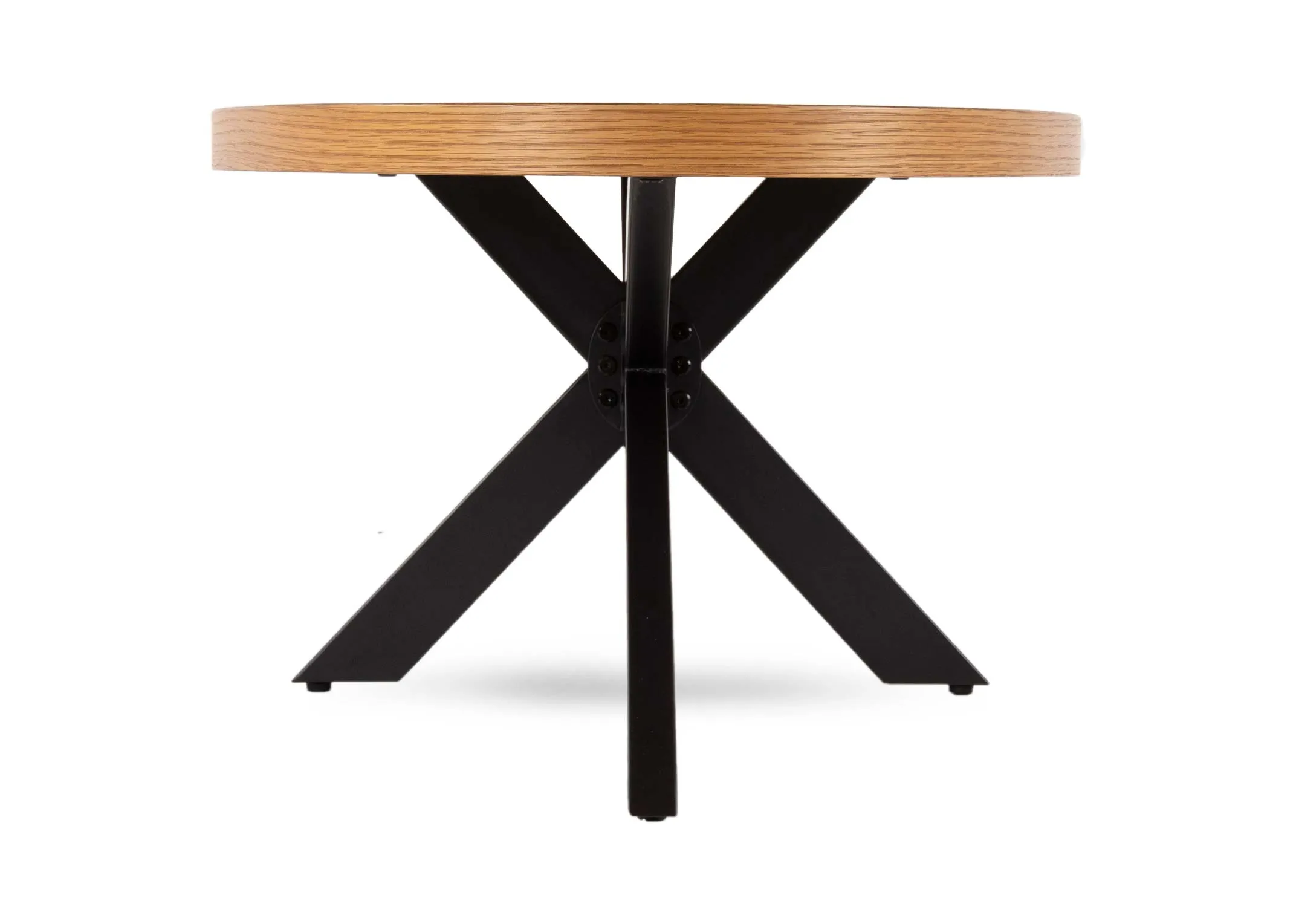 A rustic oak oval dining table from EZ Living Furnitures Ellipse range. Side view of table with black metal legs