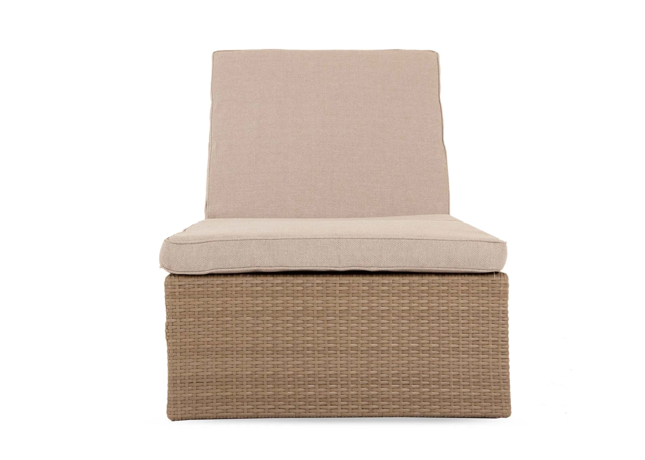 A light brown wicker sunlounger with beige fabric cushion from EZ Livings Granada range. Front view of slim lounger and light beige fabric cushion