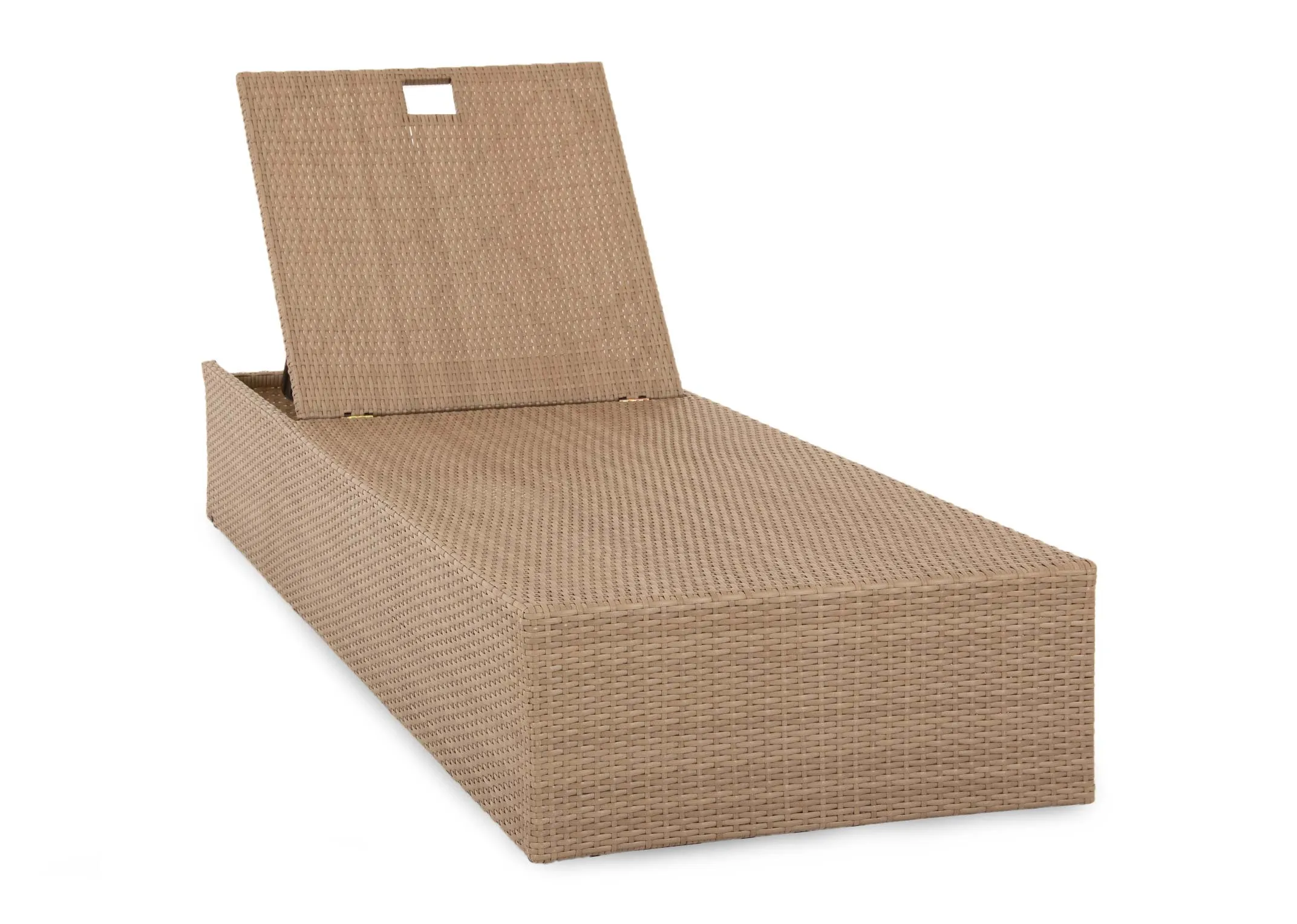 A light brown wicker sunlounger with fabric cushion removed from EZ Livings Granada range. Angled view of sunlounger with headrest lifted.