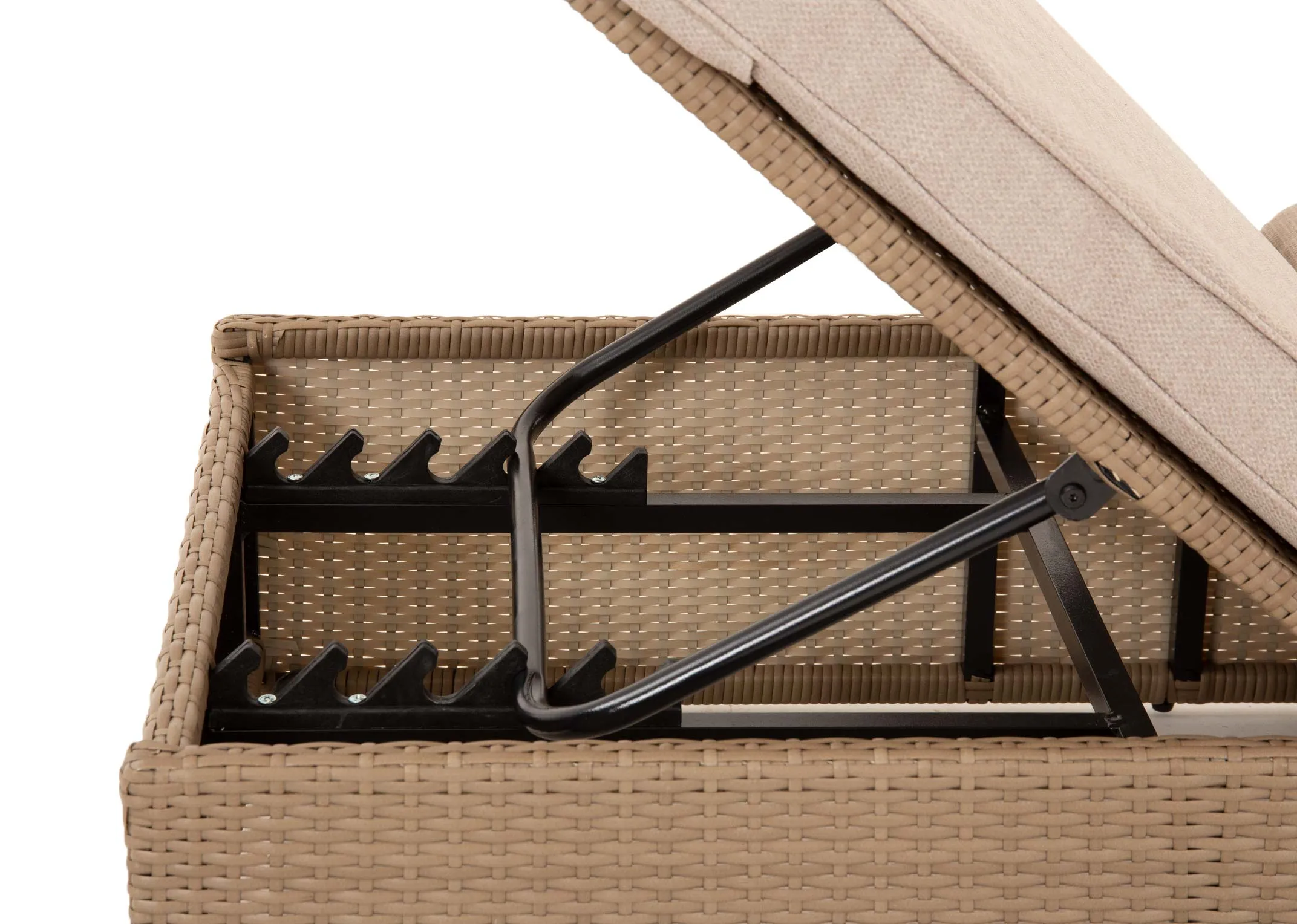 A light brown wicker sunlounger with a closeup shot on the light brown wicker and the adjustable headrest metal bar and settings under the lounger