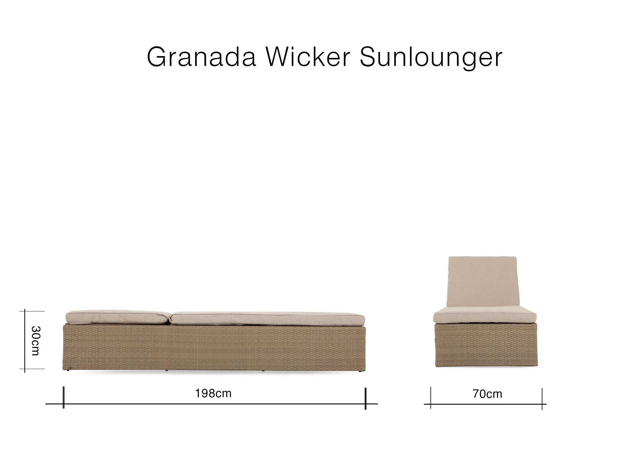 A dimension image of the Granada Sunlounger with 198cm x 70cm x 30cm