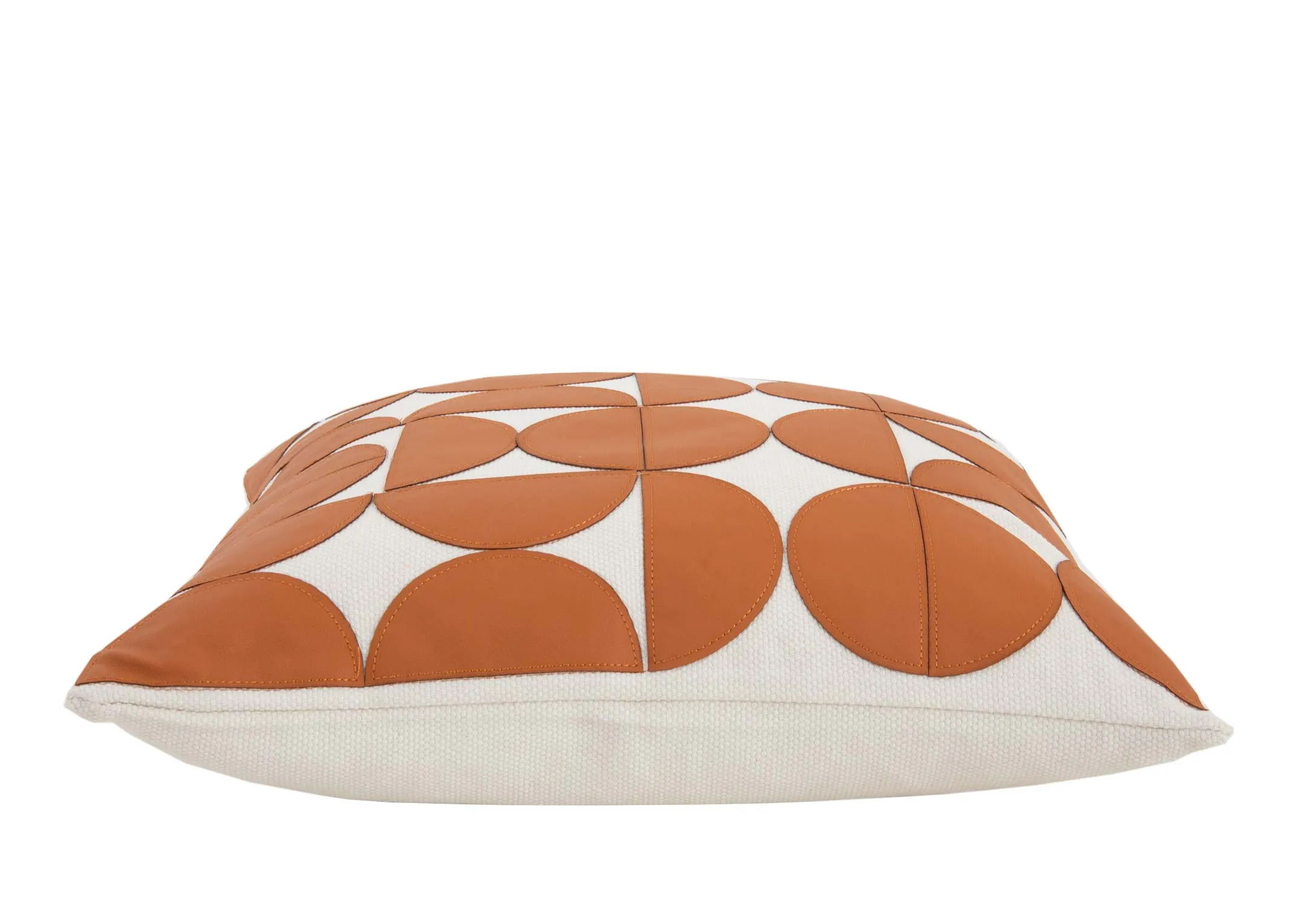 A tan & cream geo print cushion from EZ Livings Cushion range.Side view shows duck feather padded filling.