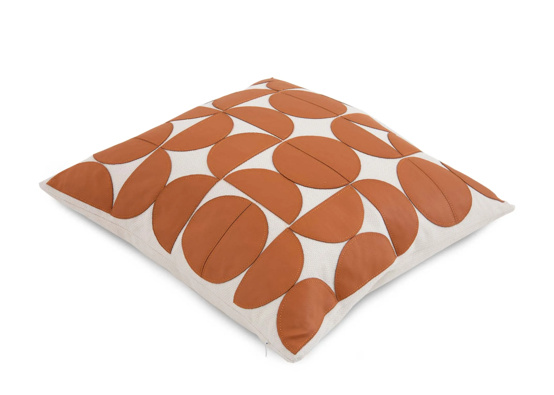 A tan & cream geo print cushion from EZ Livings Cushion range.Side view shows duck feather padded filling.