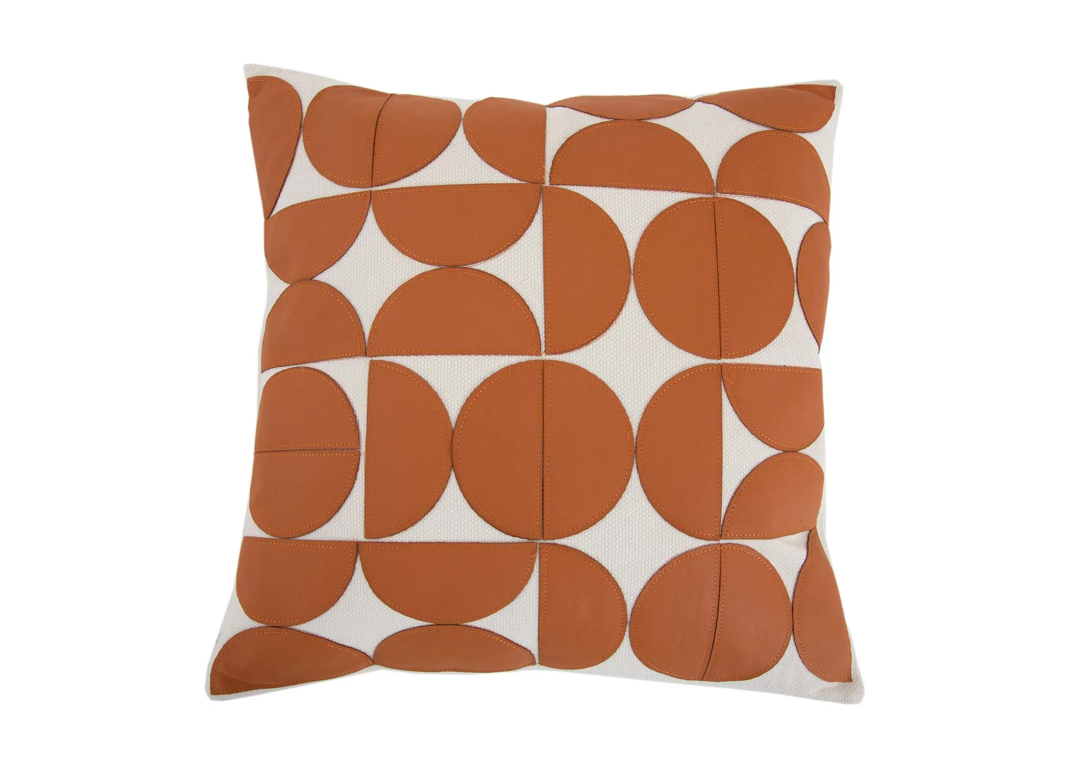 A tan & cream geo print cushion from EZ Livings Cushion range. Front view of semi circle pattern.
