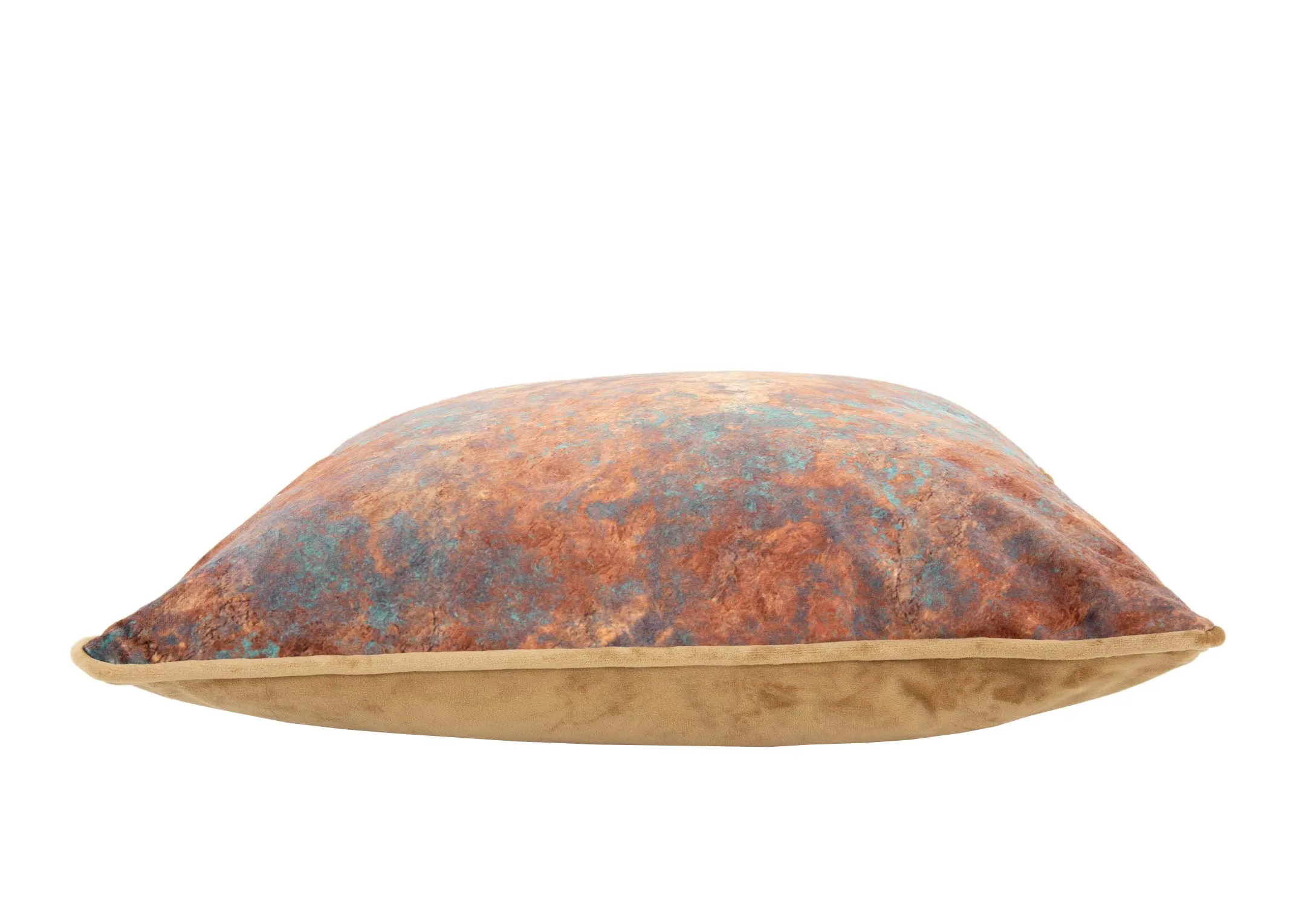 A rust cushion with teal patches from EZ Livings Cushion range. Side view of padded feather & down filling