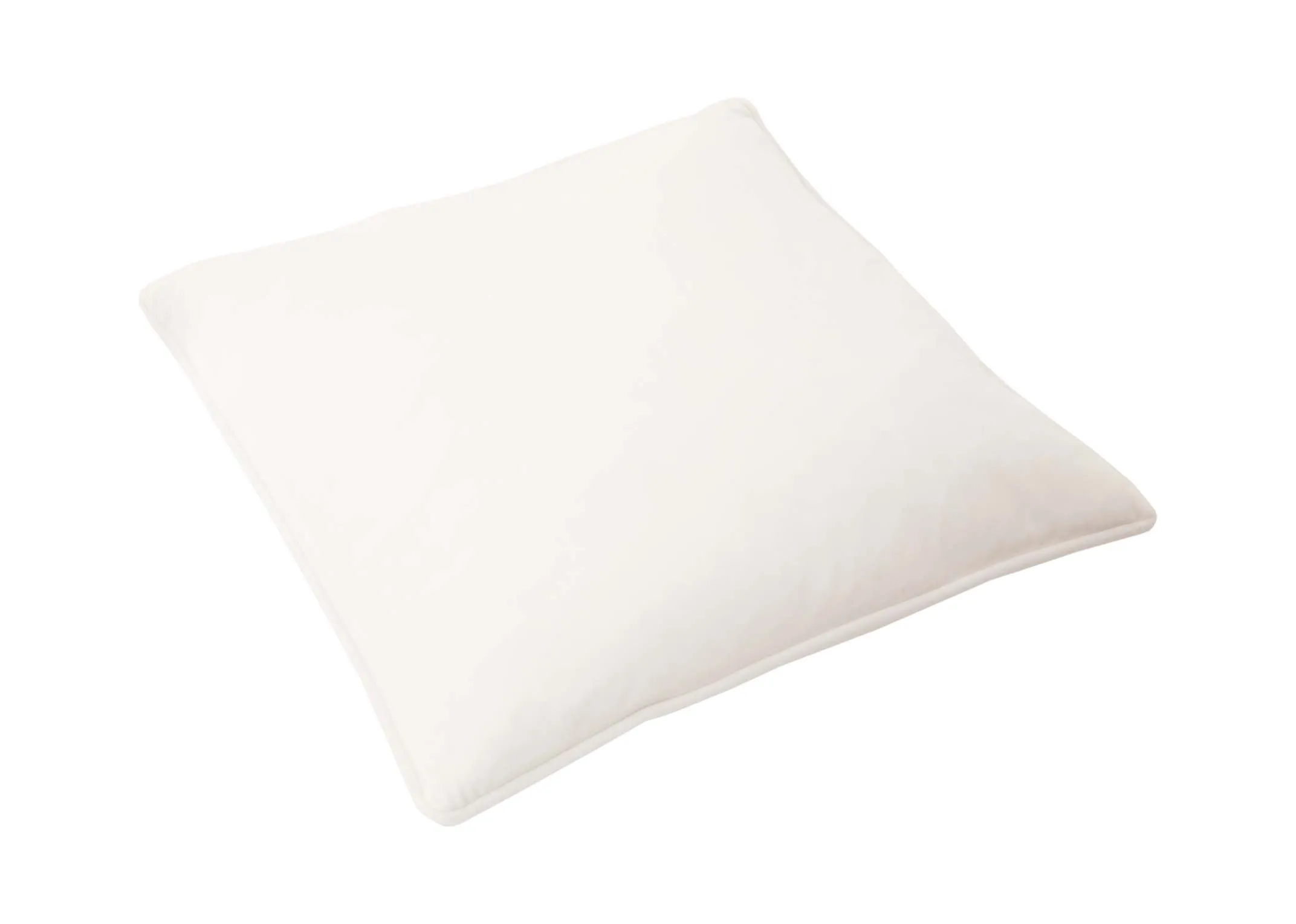 A plain white velvet cushion from EZ Livings Cushion range. Angled view