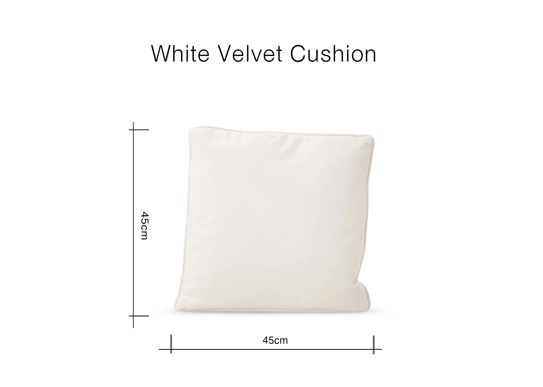 A dimension image of the White Velvet Cushion with 45cm x 45cm