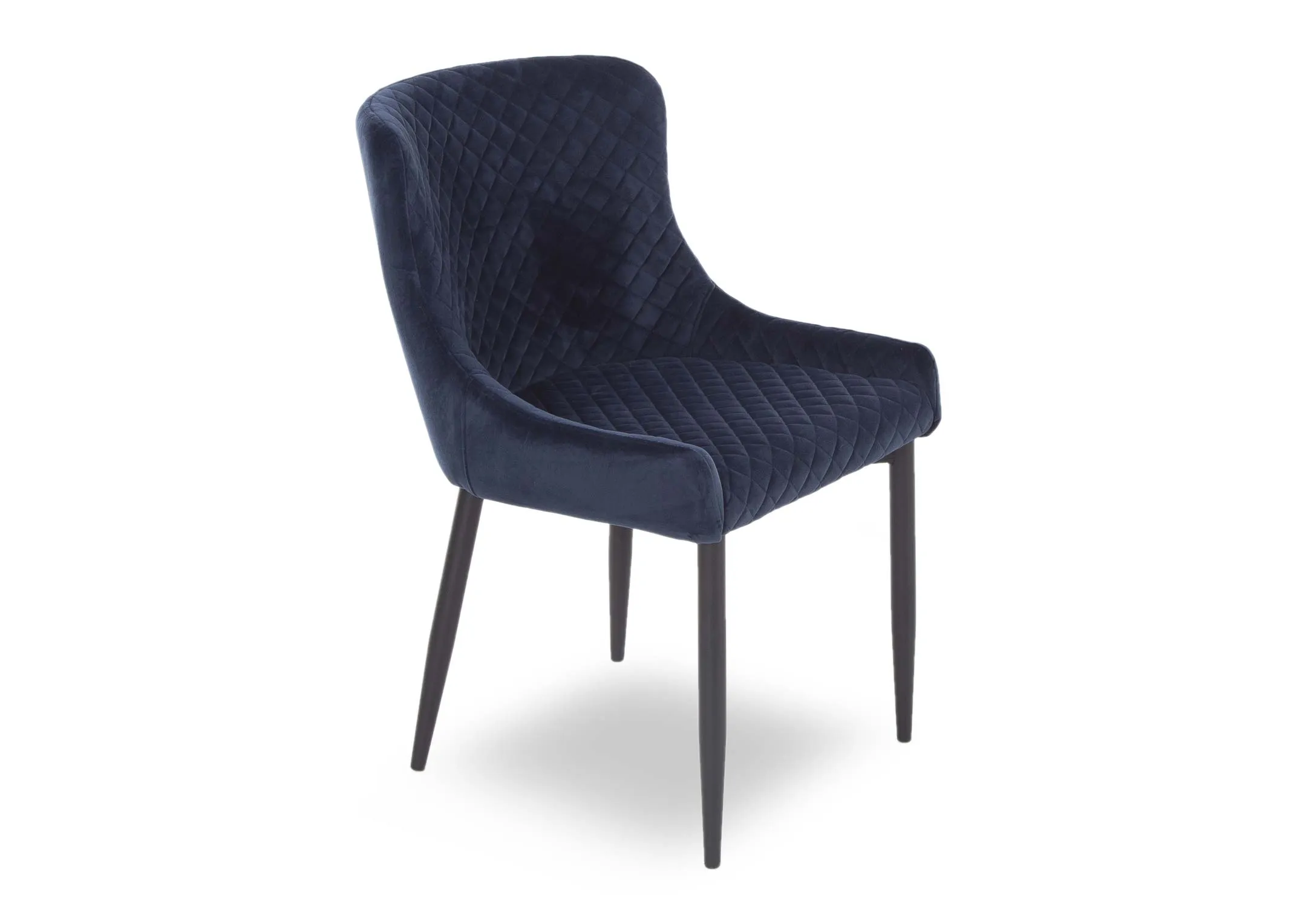 A blue velvet dining chair with patterned back & seat & metal legs from EZ Living Furniture. Angled view of arched back