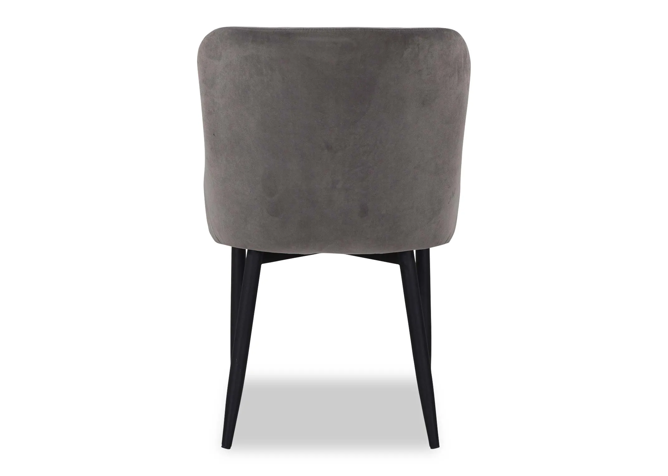 A grey velvet dining chair from EZ Livings Ottowa range. Back view of arched back and metal legs
