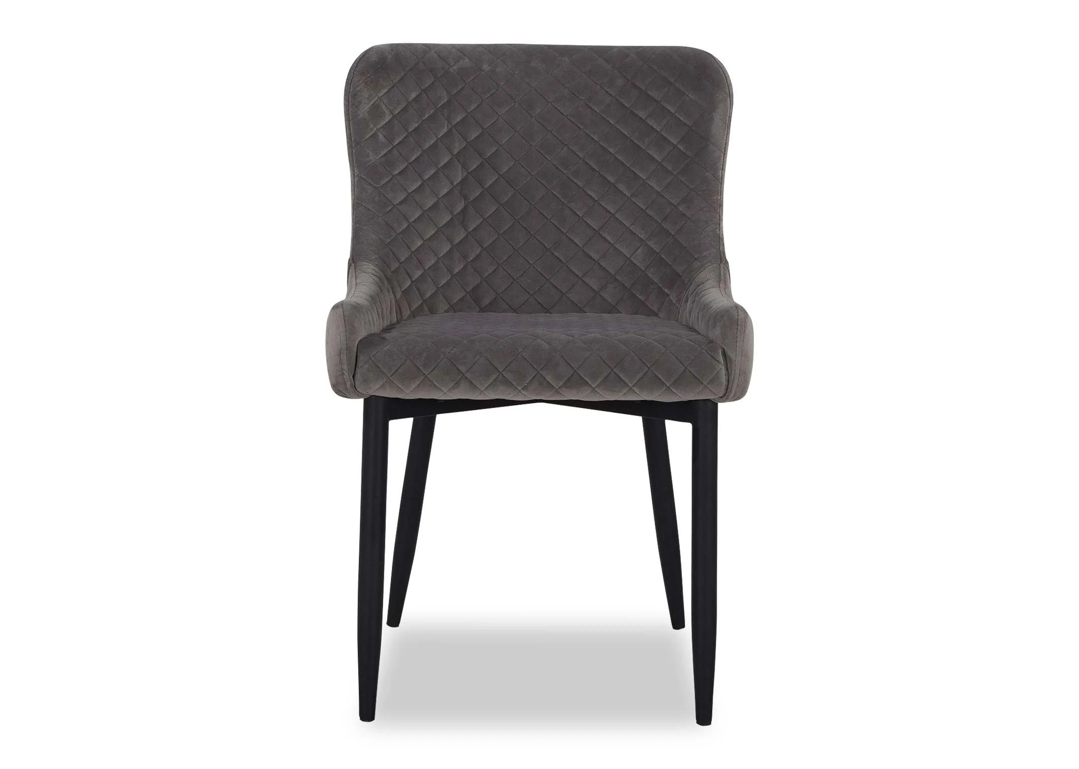 A grey velvet dining chair from EZ Livings Ottowa range.Front view of triangular detail