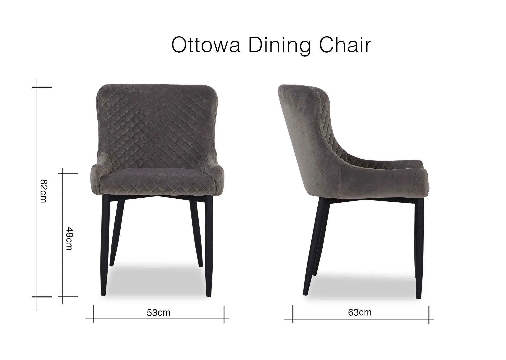 A dimension image of the Ottowa Dining chair with 53cm x 63cm x 82cm