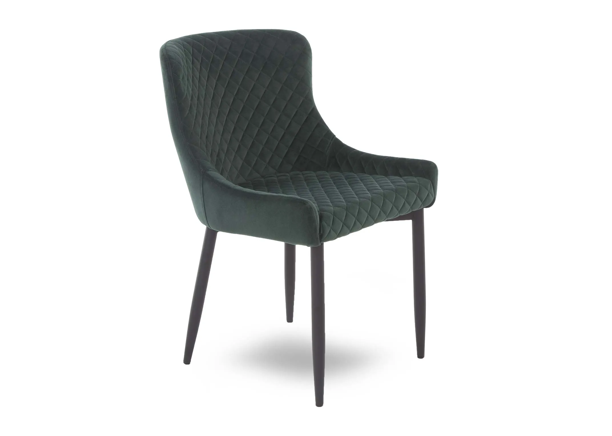 A dining chair with green cushioned velvet seat & metal legs from EZ Living Furnitures Ottowa range. Angled view of seat.