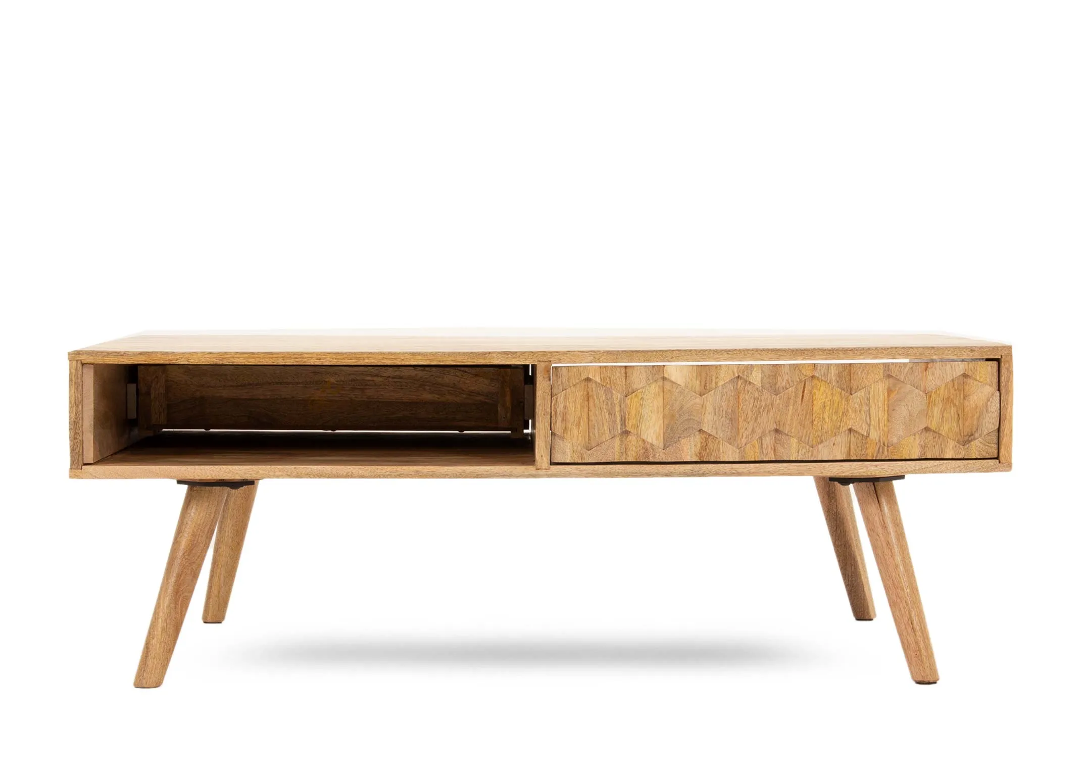 A light mango wood 2 drawer coffee table from EZ Livings Cologne range. Front view of shelf and drawer