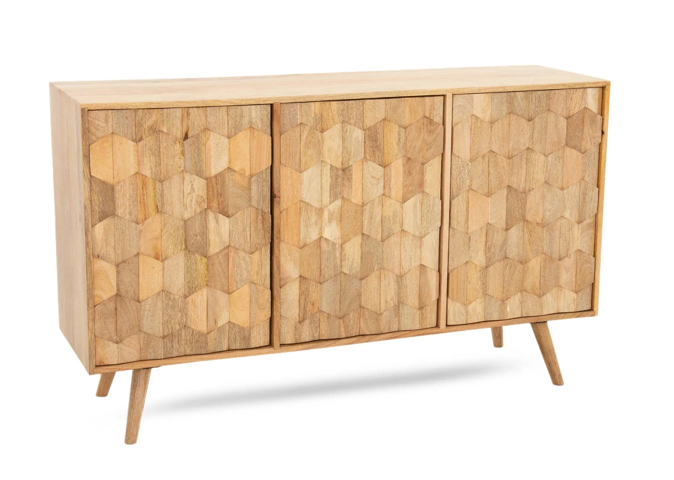 A light mango wood 3 door sideboard from EZ Livings Cologne range. Angled view of 3d print on doors