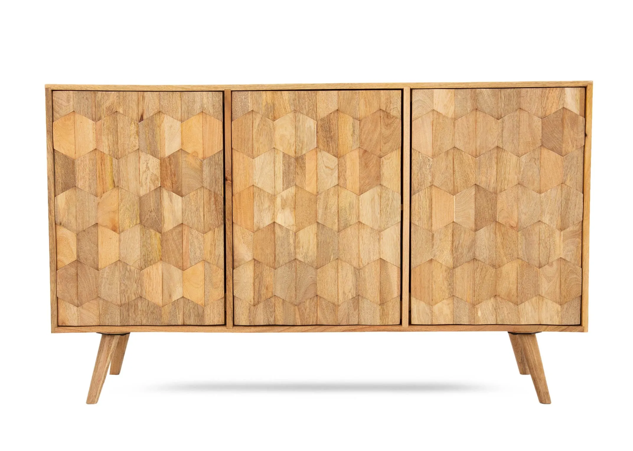 A light mango wood 3 door sideboard from EZ Livings Cologne range.  Closeup of wood finish